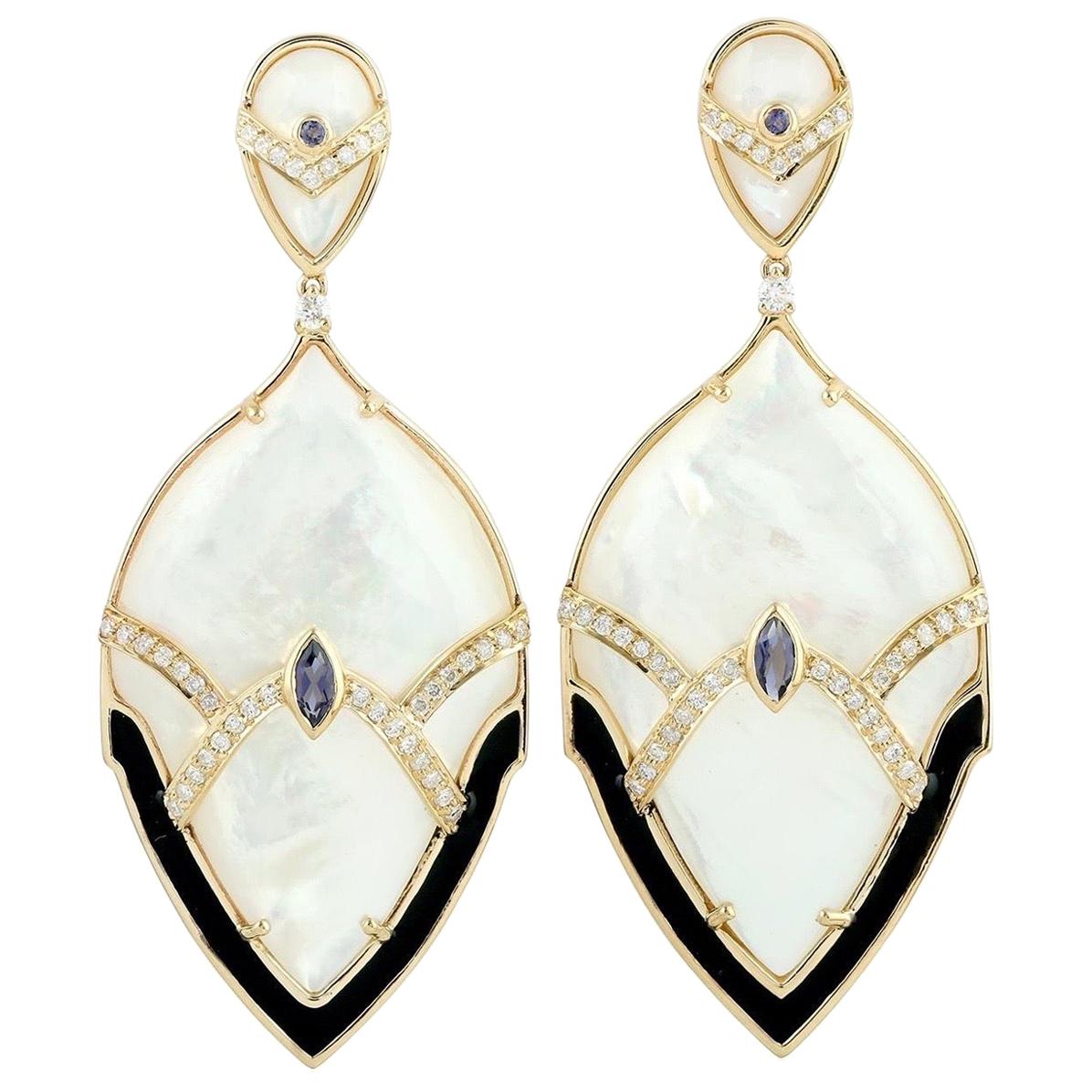 Iolite Pearl Diamond 18 Karat Gold Earrings For Sale