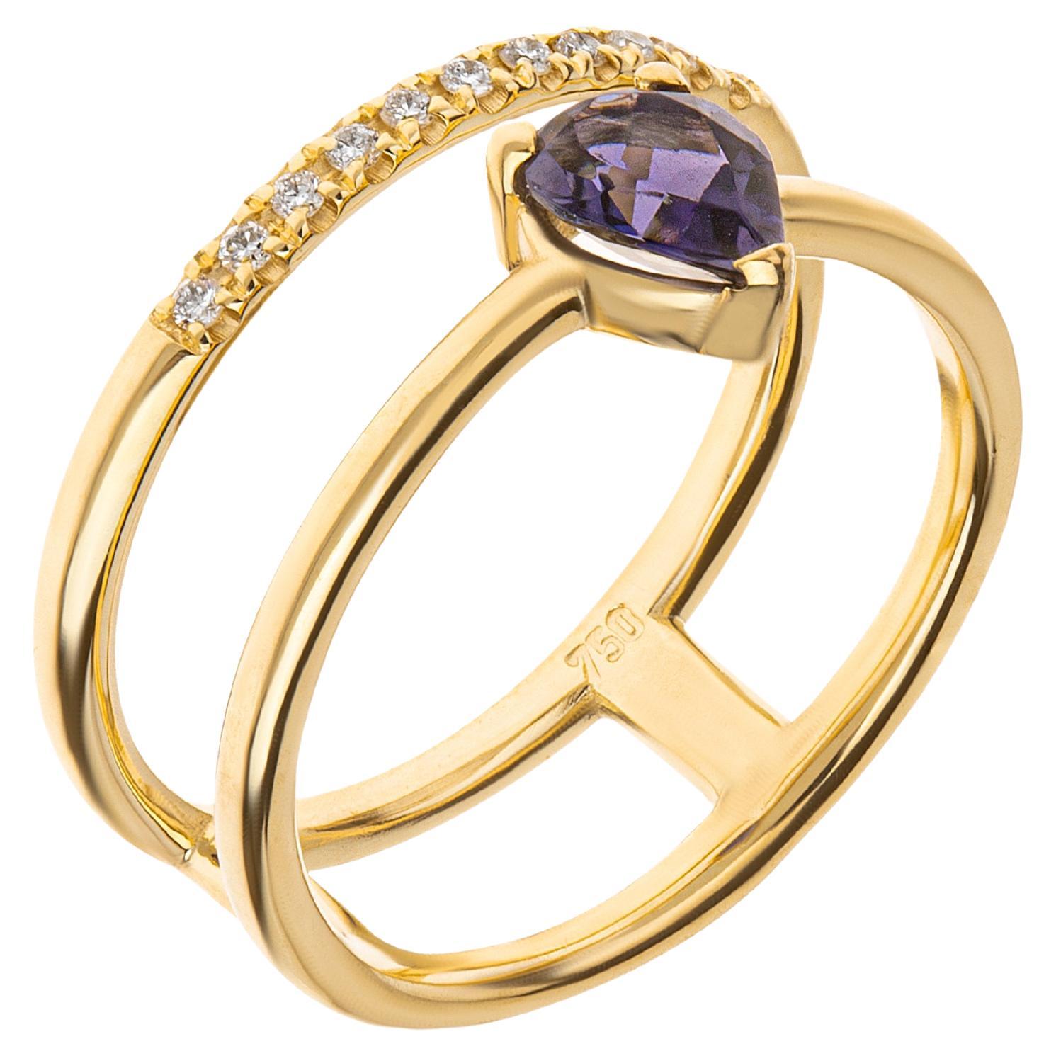 Iolite Pear Cut Double Ring with Diamonds Brilliant Cut in 18Kt Yellow Gold For Sale