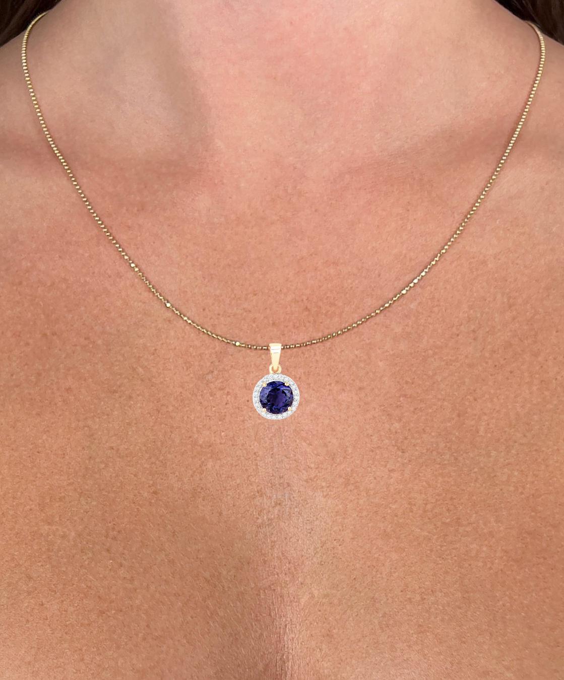 Contemporary Iolite Pendant Necklace With Diamonds 1.71 Carats 14K Yellow Gold For Sale