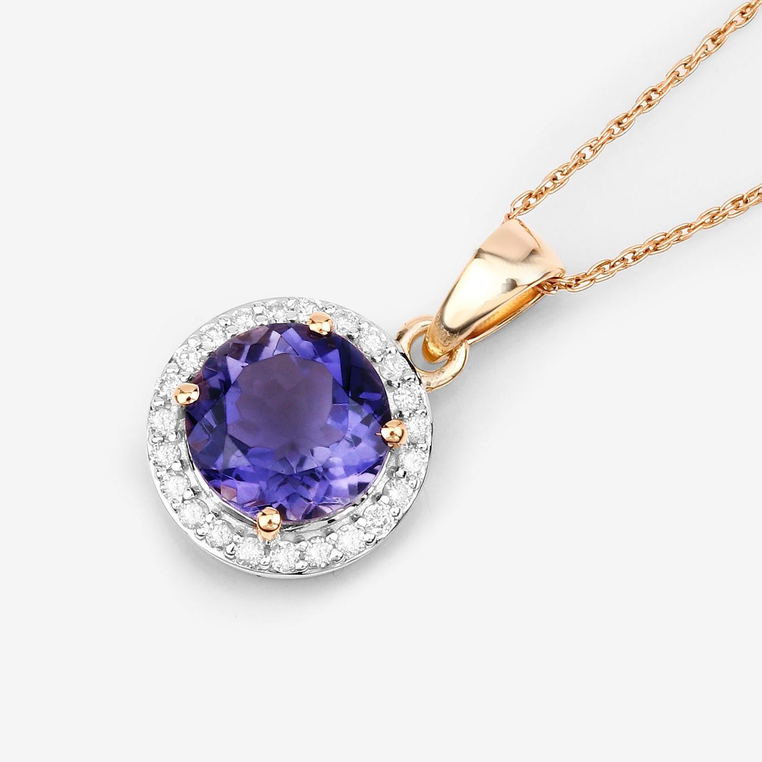 Round Cut Iolite Pendant Necklace With Diamonds 1.71 Carats 14K Yellow Gold For Sale