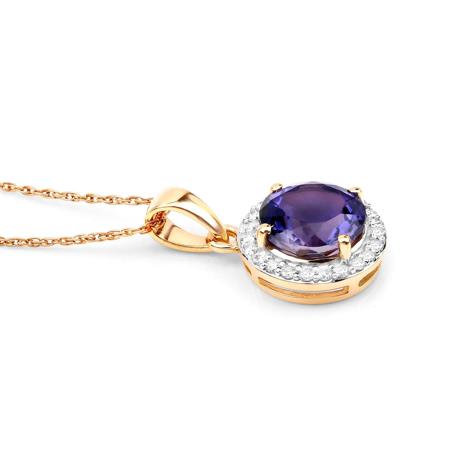 Iolite Pendant Necklace With Diamonds 1.71 Carats 14K Yellow Gold In Excellent Condition For Sale In Laguna Niguel, CA