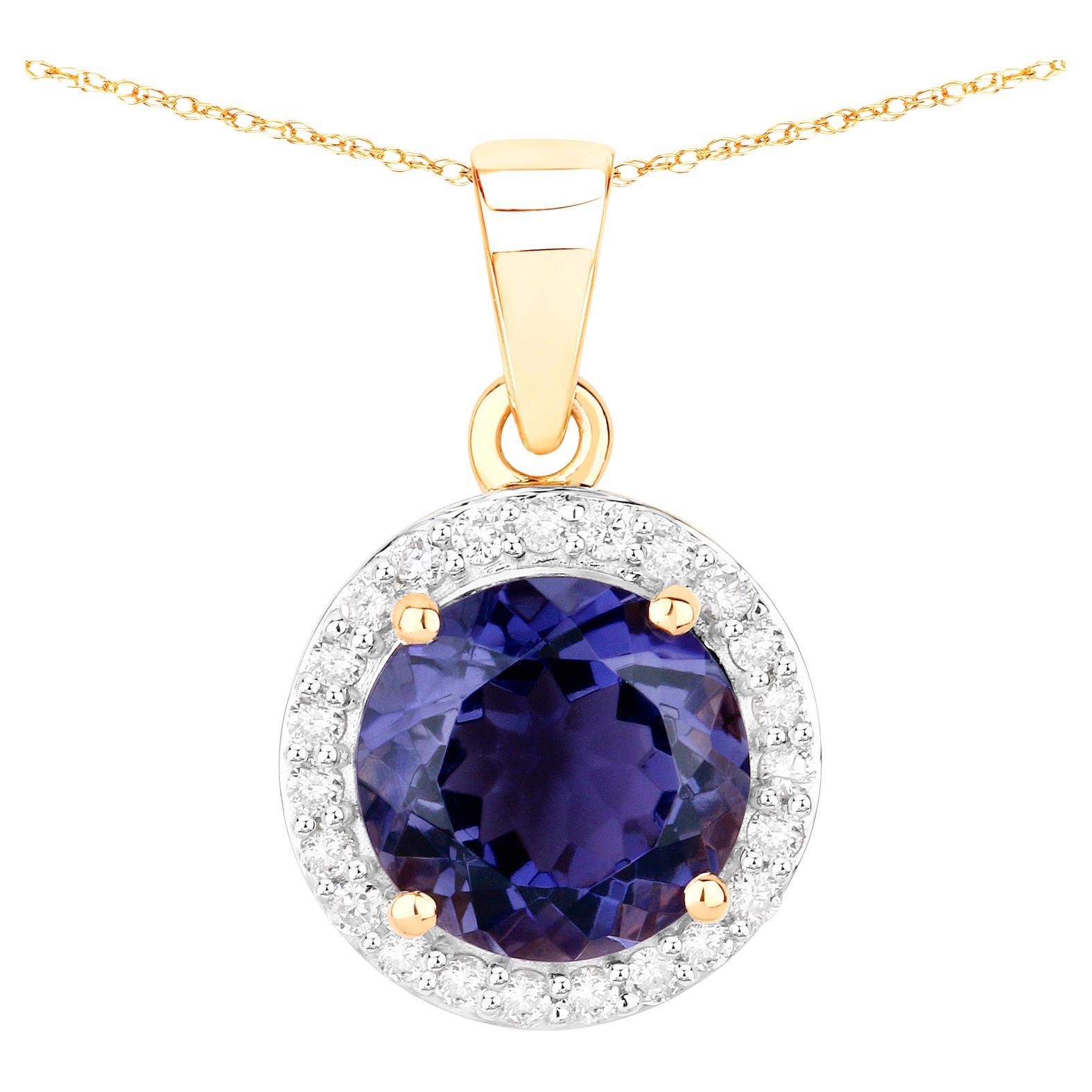 Iolite Pendant Necklace With Diamonds 1.71 Carats 14K Yellow Gold For Sale
