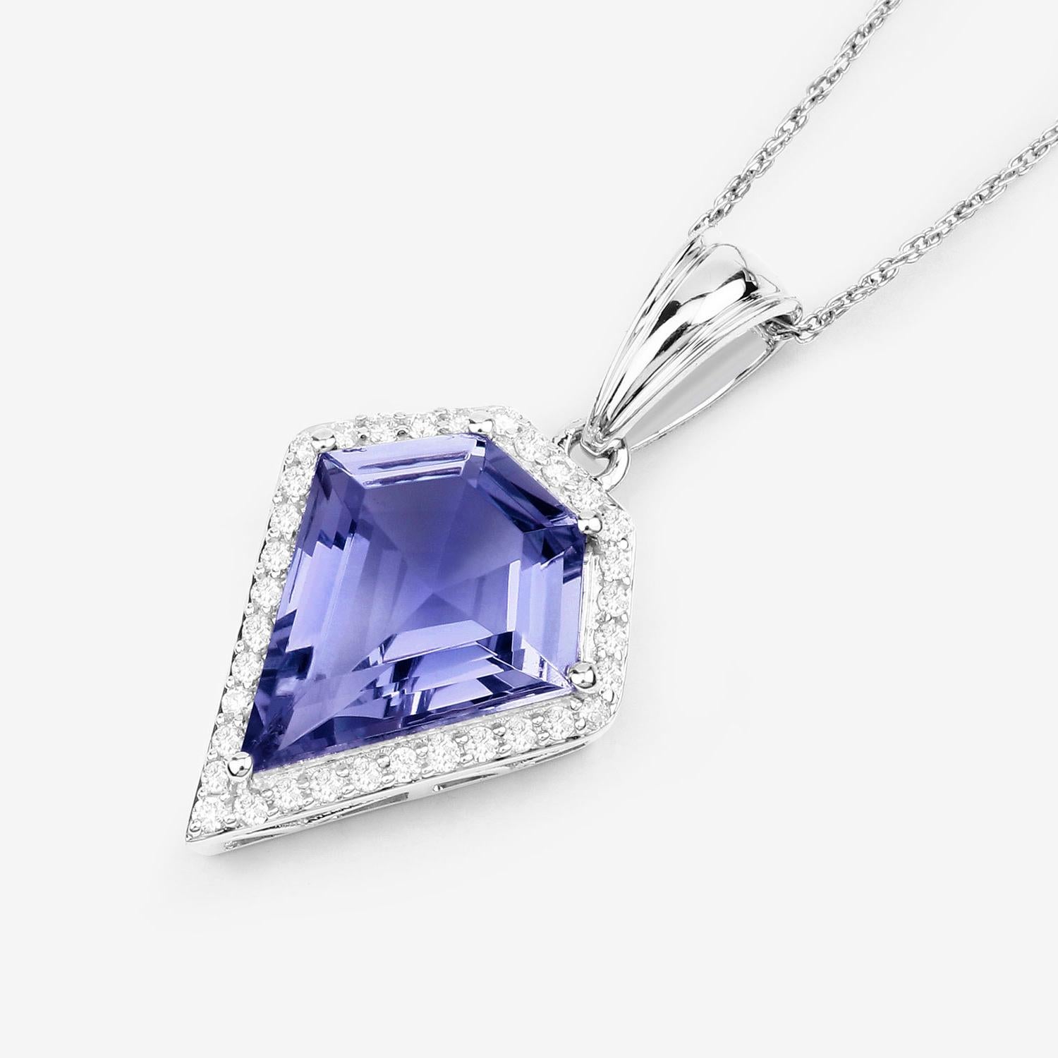 Shield Cut Iolite Pendant Necklace With Diamonds 4.65 Carats 14K White Gold For Sale