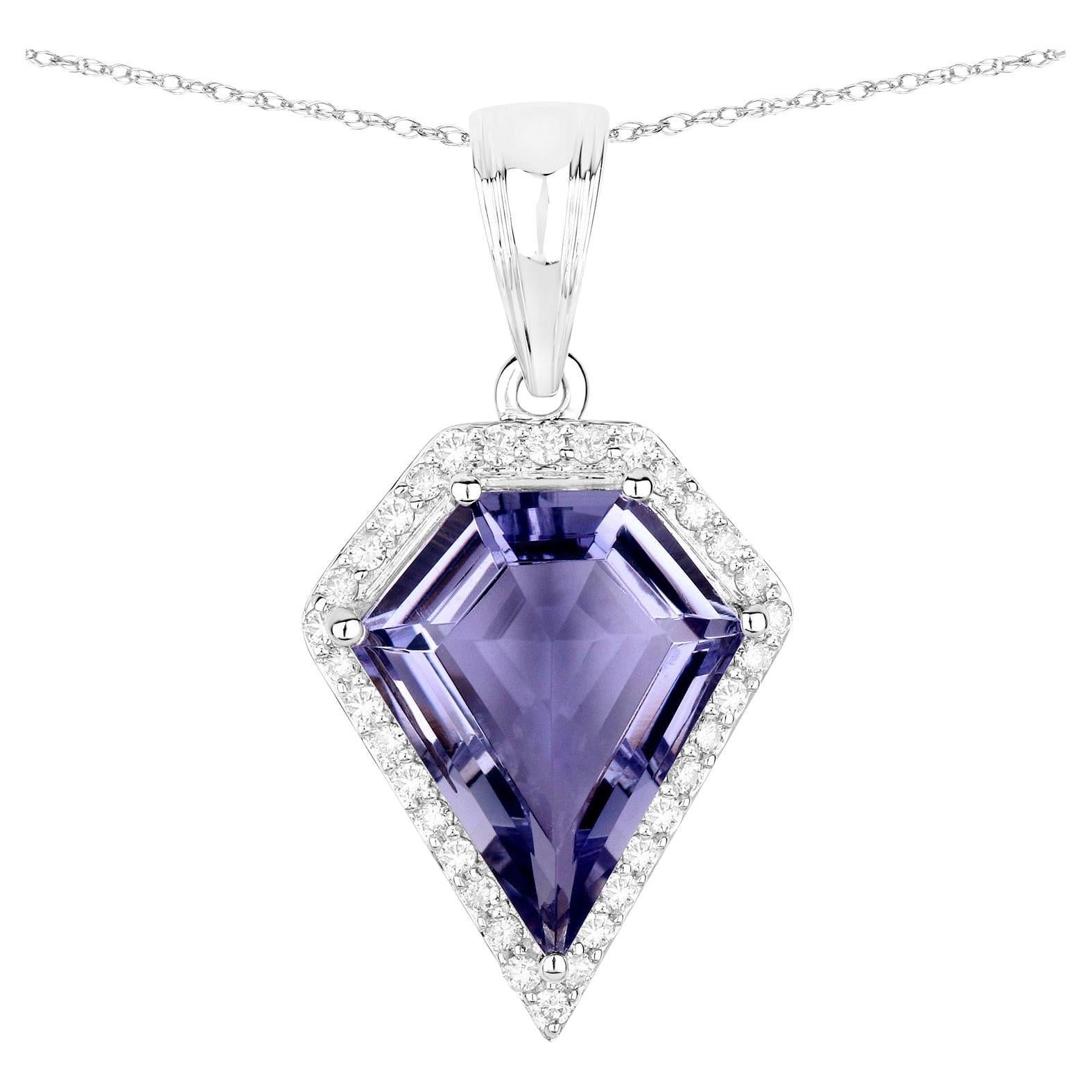 Iolite Pendant Necklace With Diamonds 4.65 Carats 14K White Gold For Sale