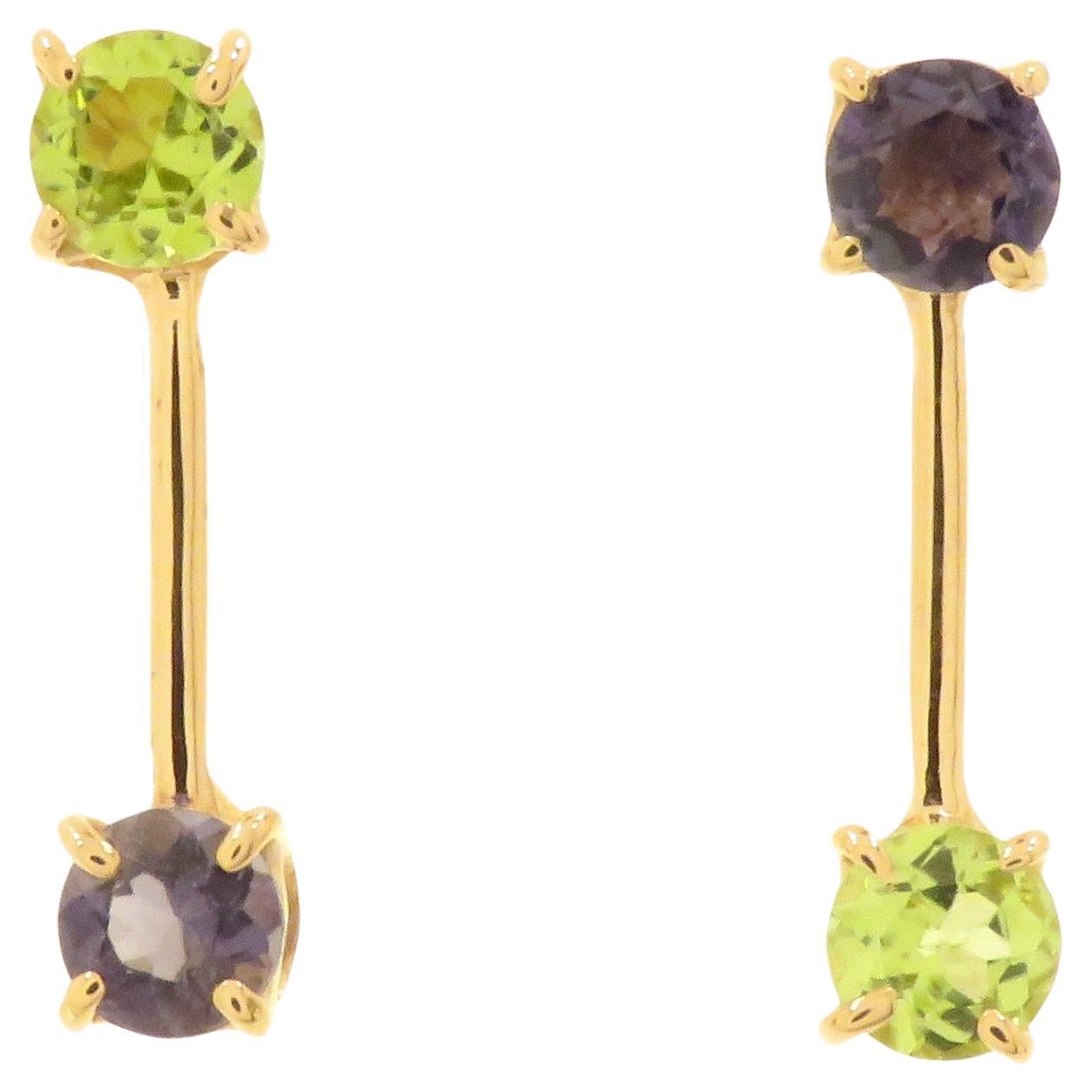 Boucles d'oreilles en or rose 9 carats à l'iolite et au péridot Fabriquées à la main en Italie en vente