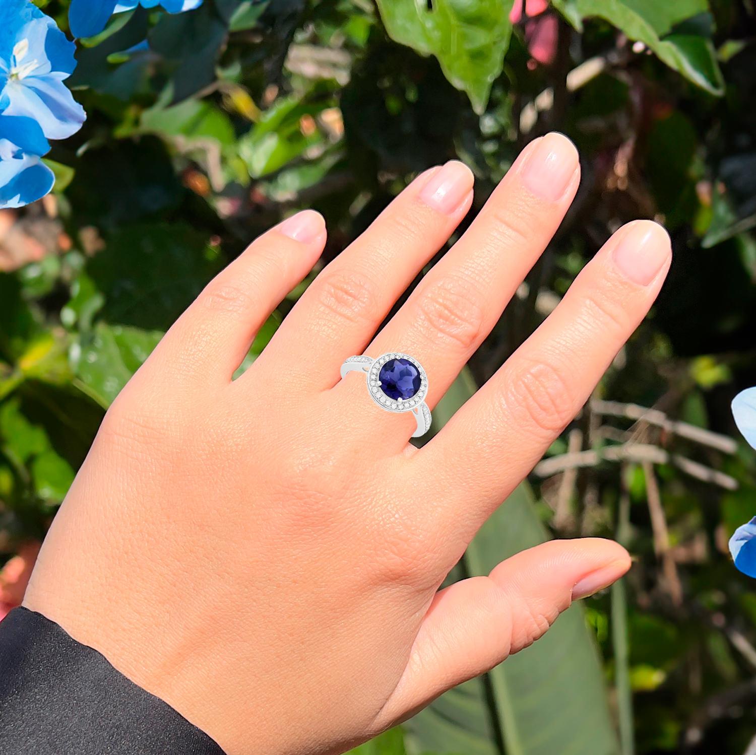 Contemporary Iolite Ring With Diamonds 1.79 Carats 14K White Gold For Sale