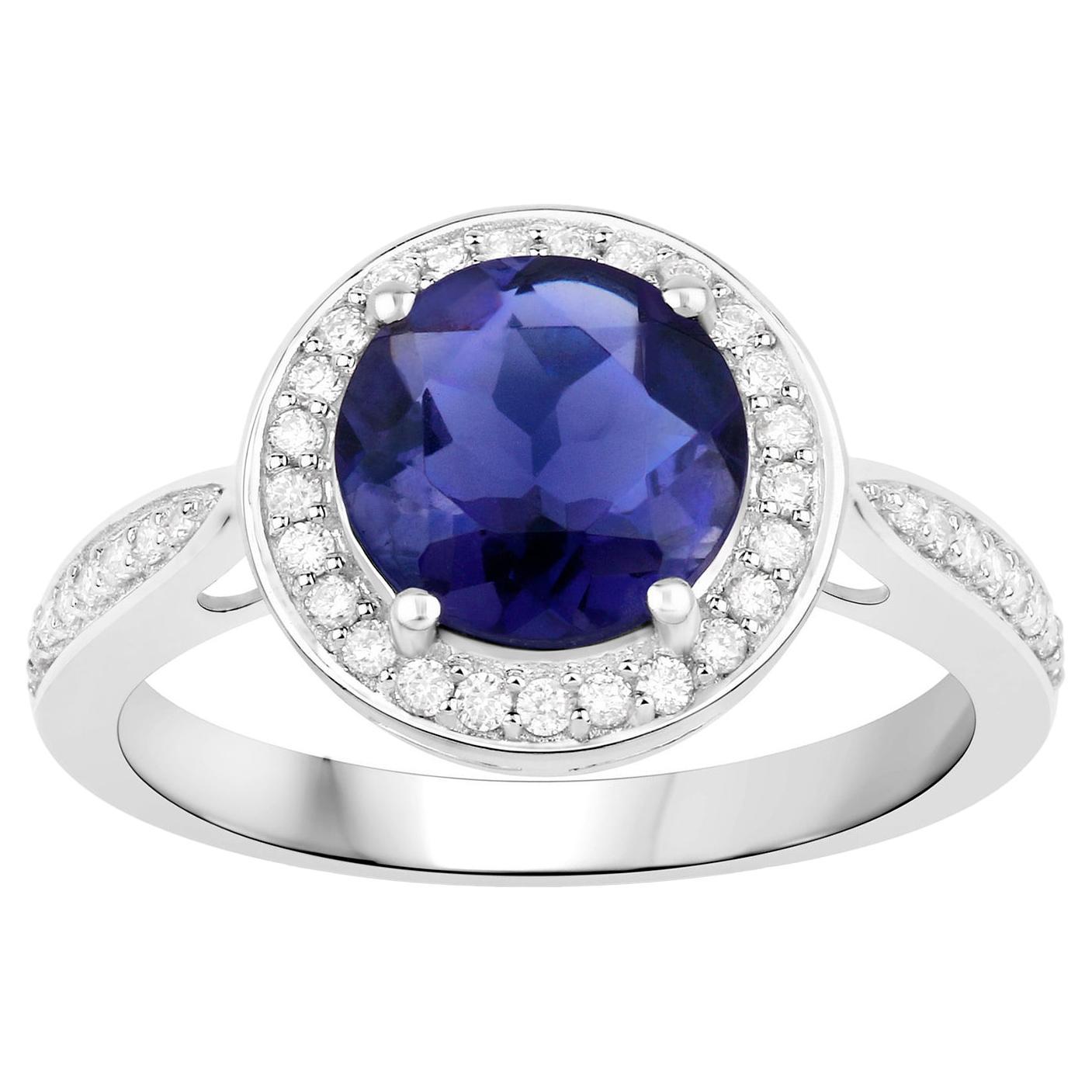 Iolite Ring With Diamonds 1.79 Carats 14K White Gold For Sale