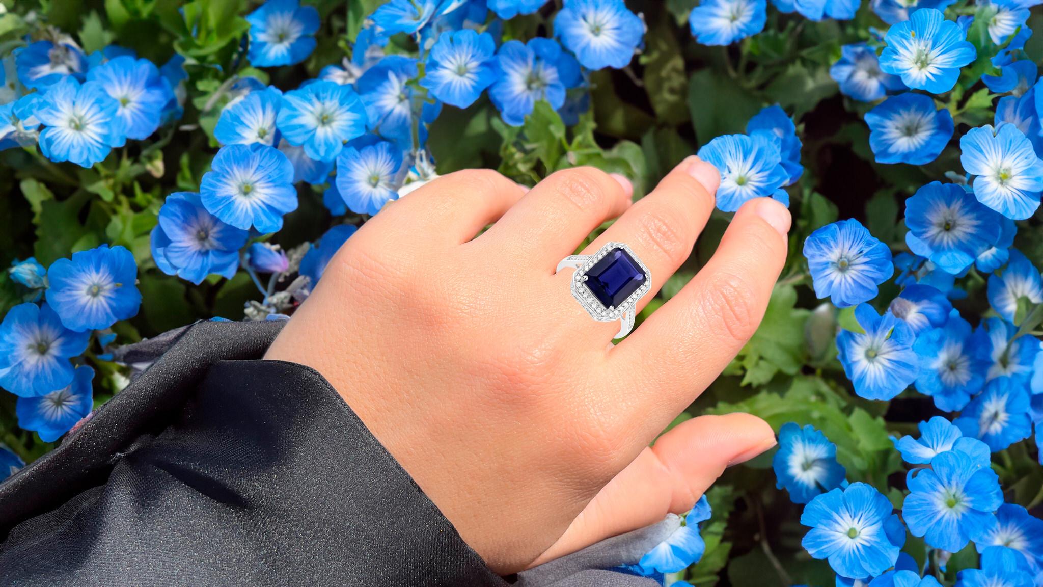 Emerald Cut Iolite Ring With Diamonds 3.70 Carats 14K White Gold For Sale
