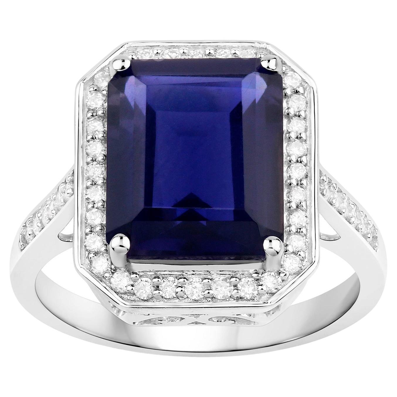 Iolite Ring With Diamonds 3.70 Carats 14K White Gold For Sale