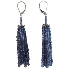 Iolite Tassel Earrings and 14 Karat White Gold Lever Backs with Diamond Roundel