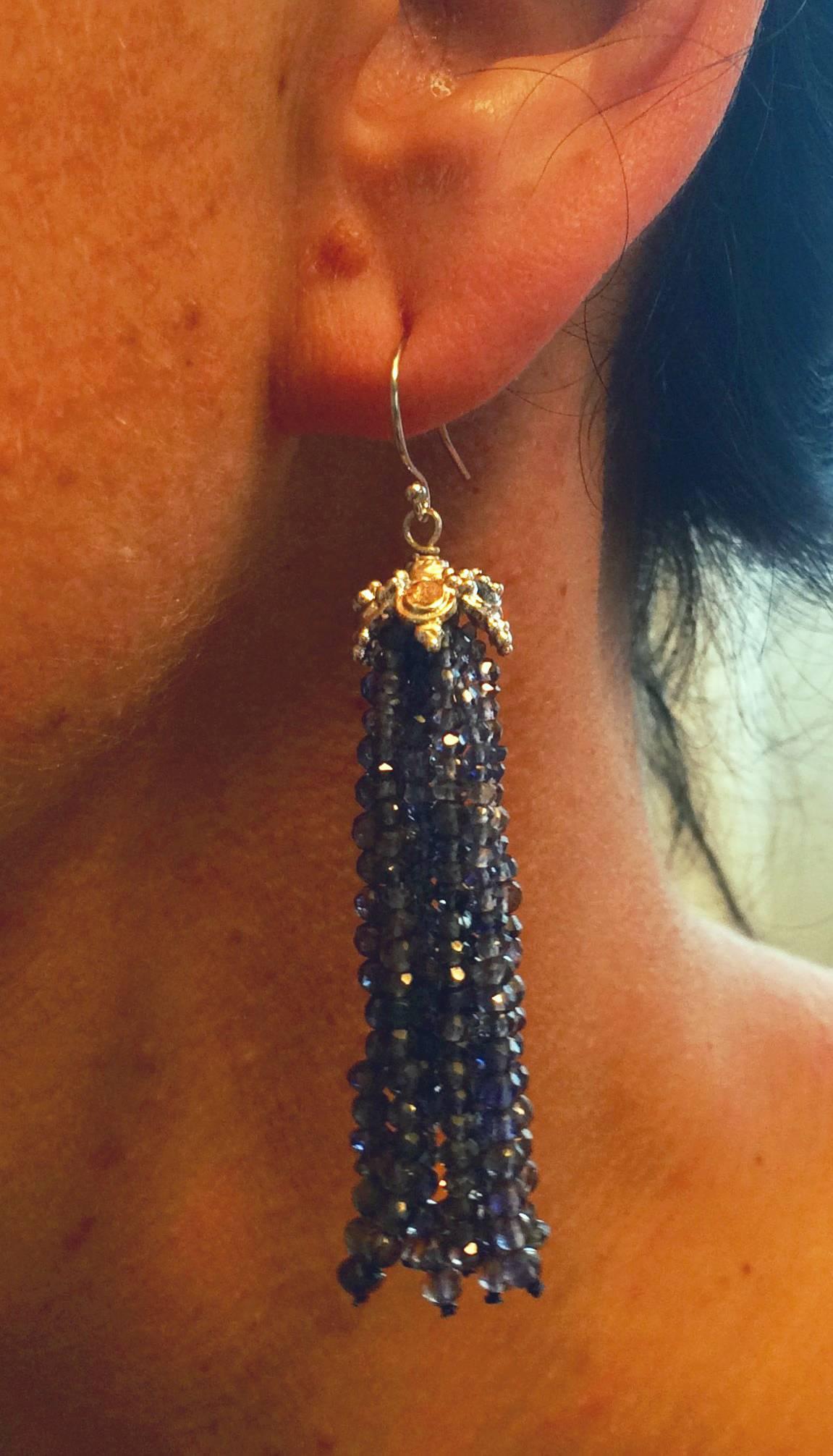 Women's Iolite Tassel Earrings with 14 White Gold Cup and Hook by Marina J
