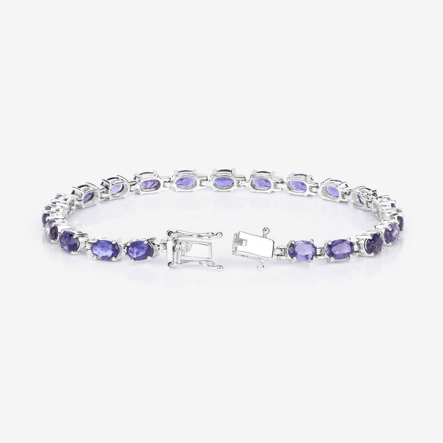Oval Cut Iolite Tennis Bracelet 8.6 Carats Rhodium Plated Sterling Silver For Sale