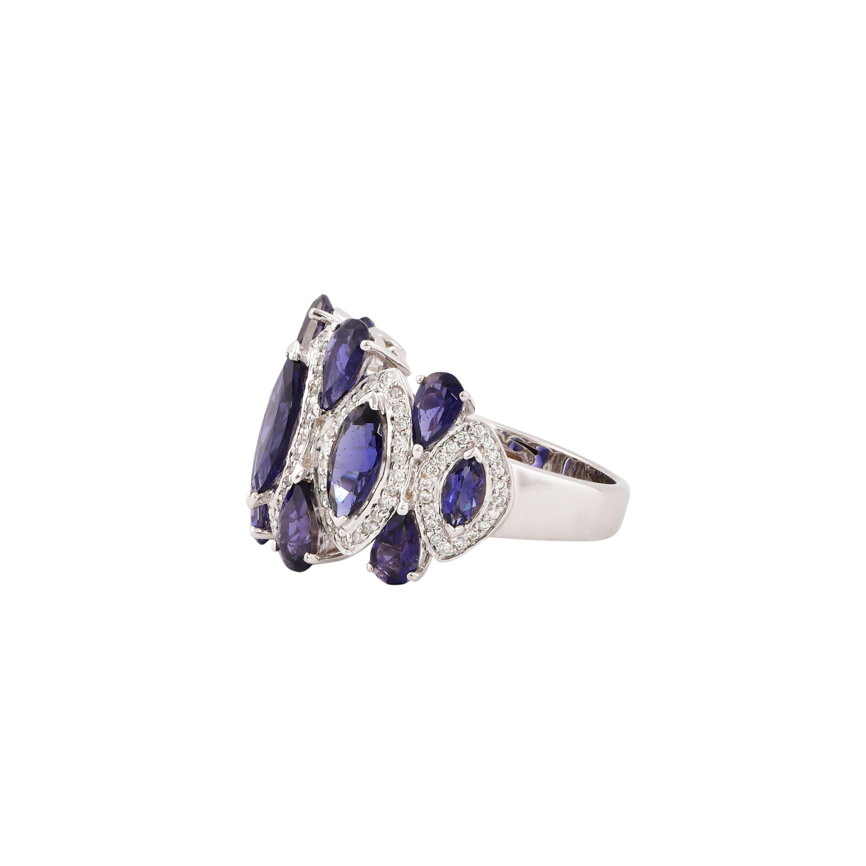 Contemporary Iolite with Diamond Cocktail Ring in 14 Karat White Gold For Sale