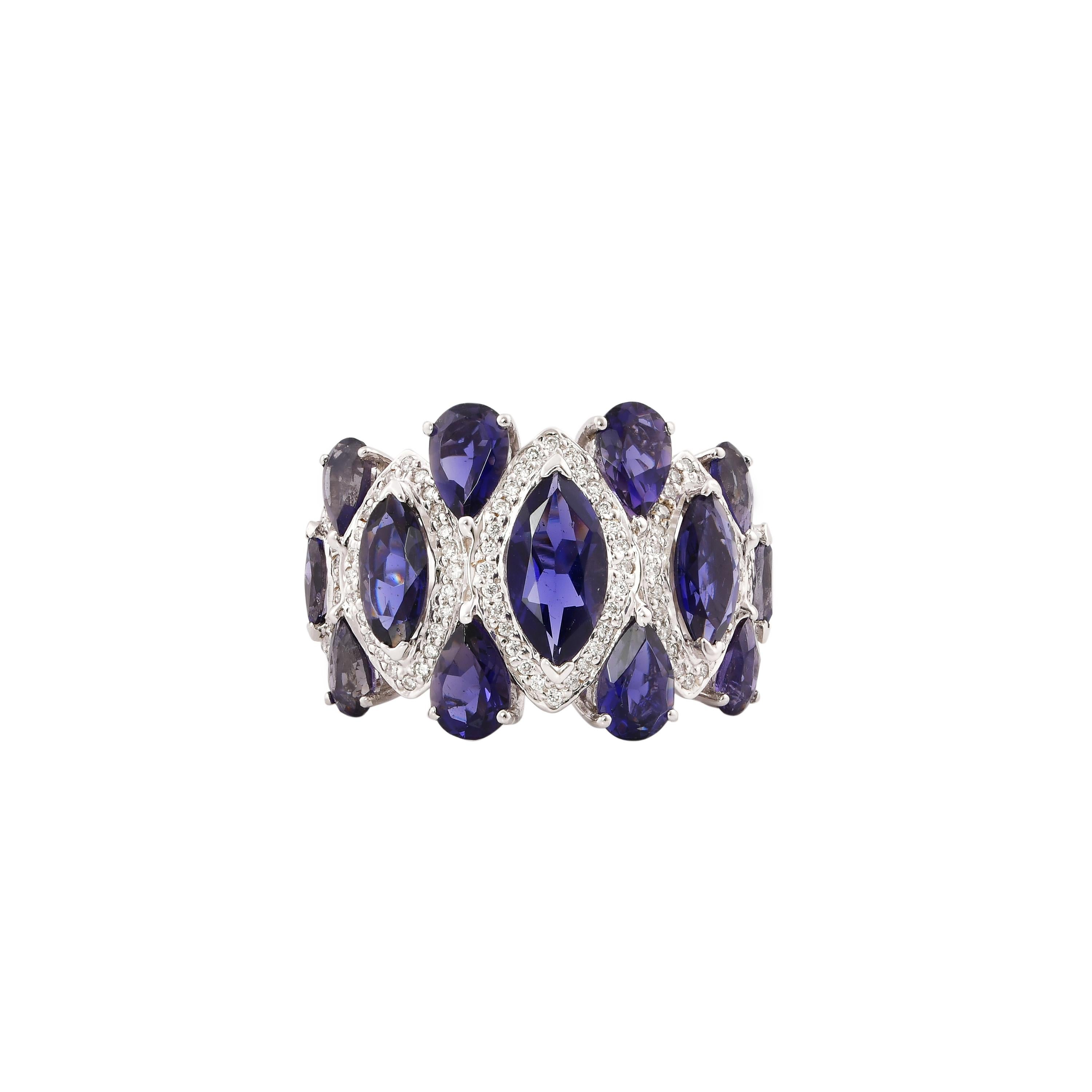 Marquise Cut Iolite with Diamond Cocktail Ring in 14 Karat White Gold For Sale