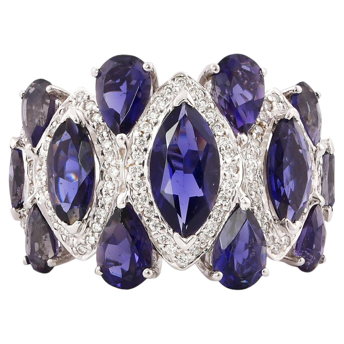 Iolite with Diamond Cocktail Ring in 14 Karat White Gold For Sale