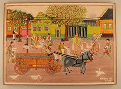 Ion Ramiant, Serbian Artist "The Carriage" Naivist School, Village Scenery