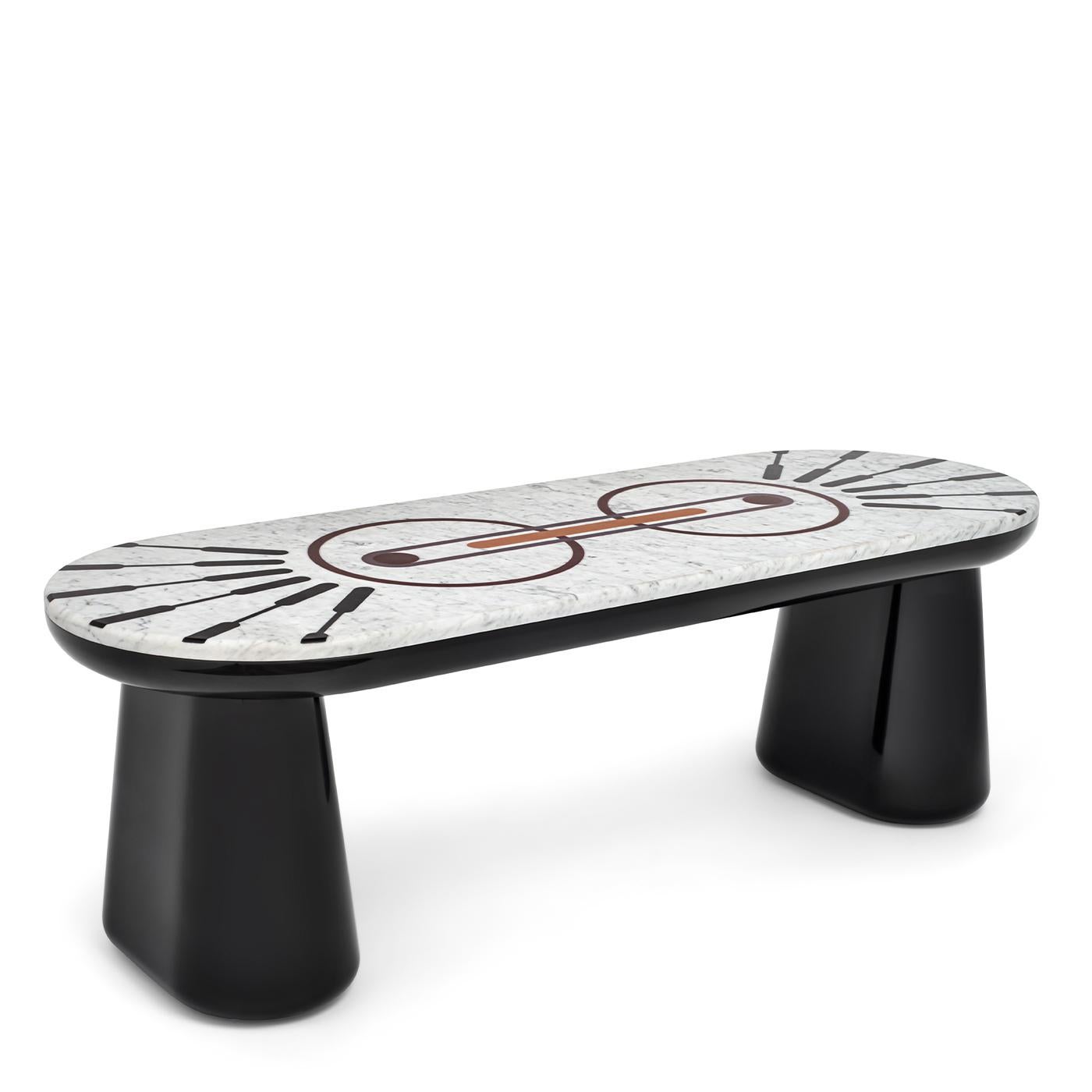 Ione was born from the encounter between smooth shapes and sophisticated graphic carvings. Circles, lines and orbits blended together give life to a marble and resin bench that seems to come from another world.
 