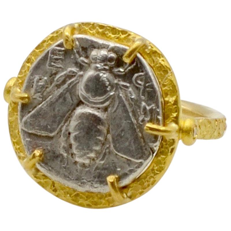 Ionia Ancient Greek Bee Coin Set in 22 Karat and Diamond Setting Ring