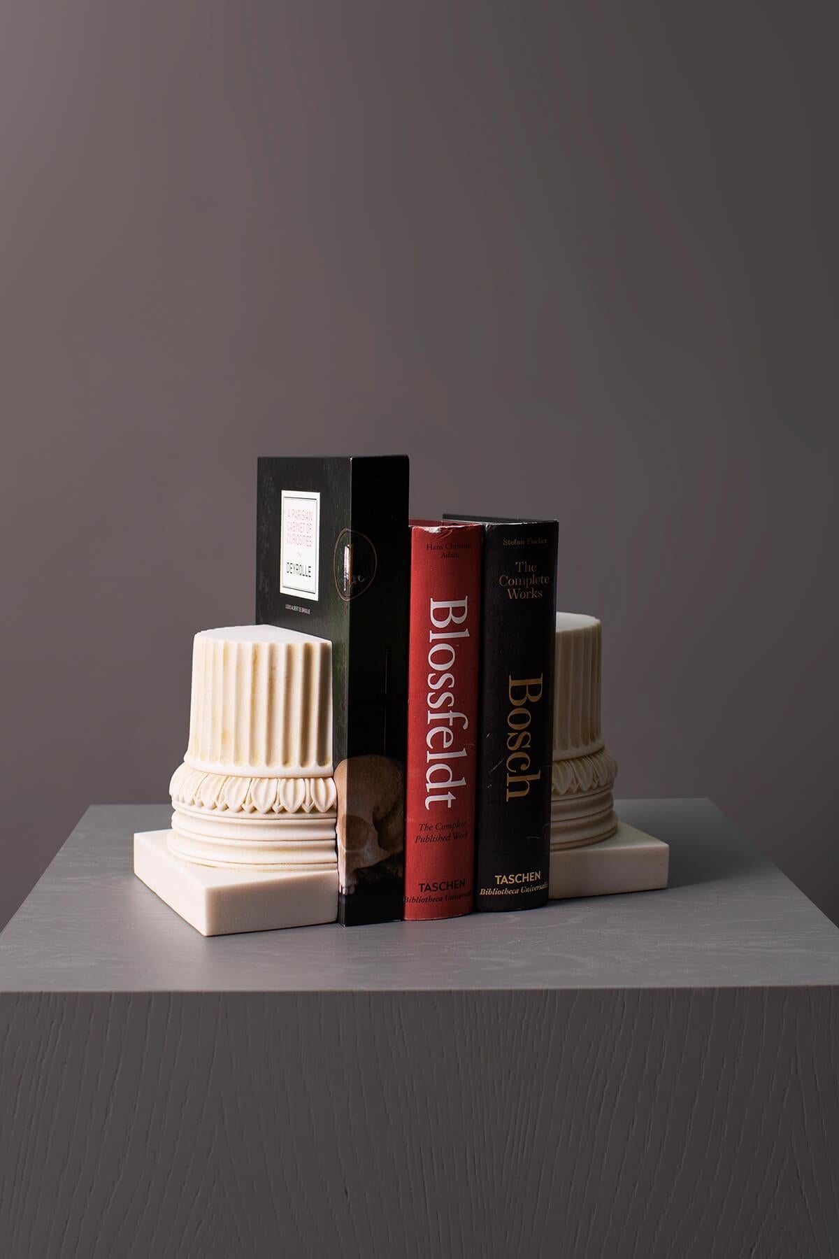 Statuary Marble Ionic Bookend Set Made with Compressed Marble Powder For Sale