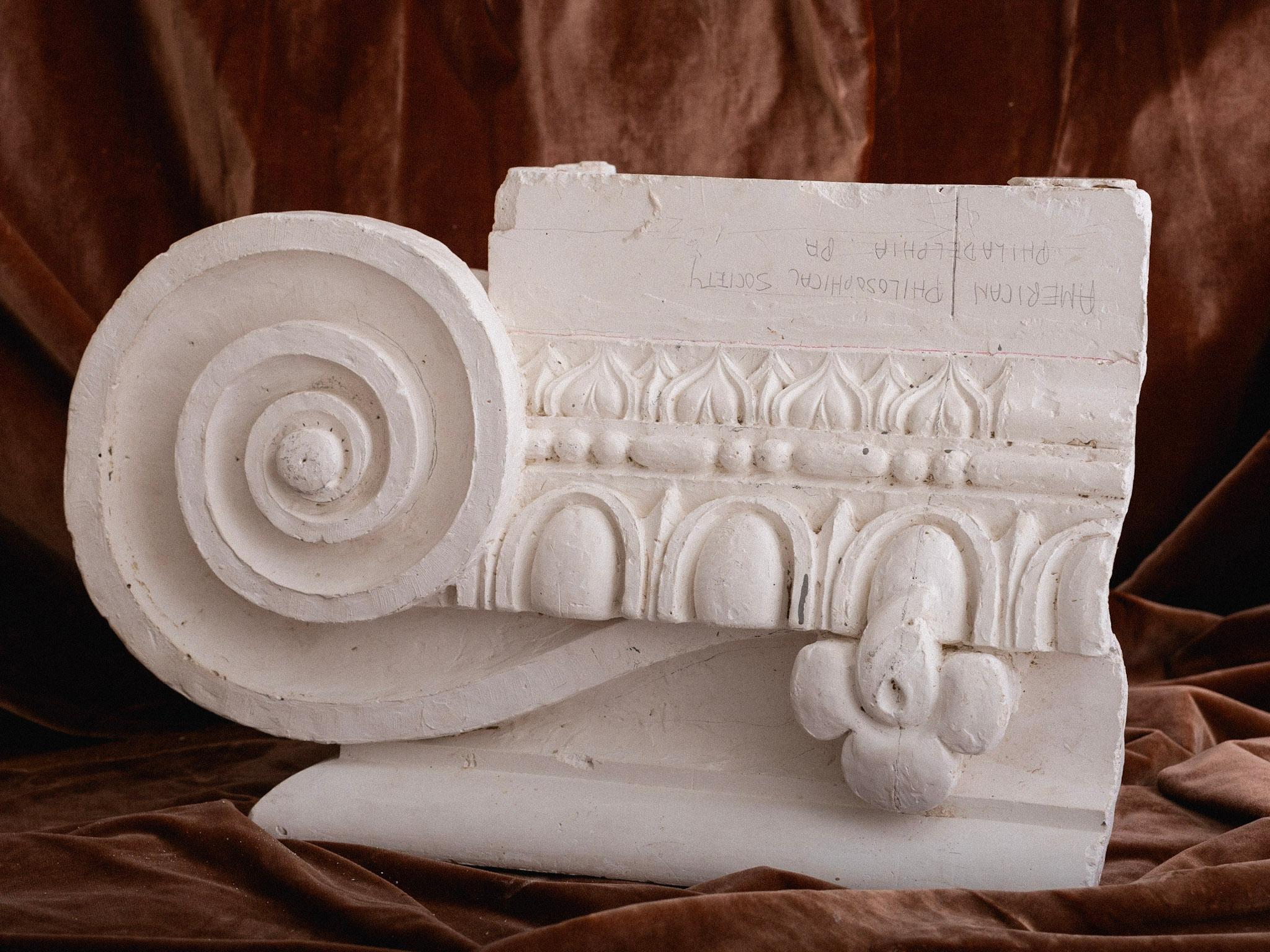 A plaster study of an ionic column. Marked in pencil “American Philosophical Society, Philadelphia, PA.” Rough unsealed plaster patina.