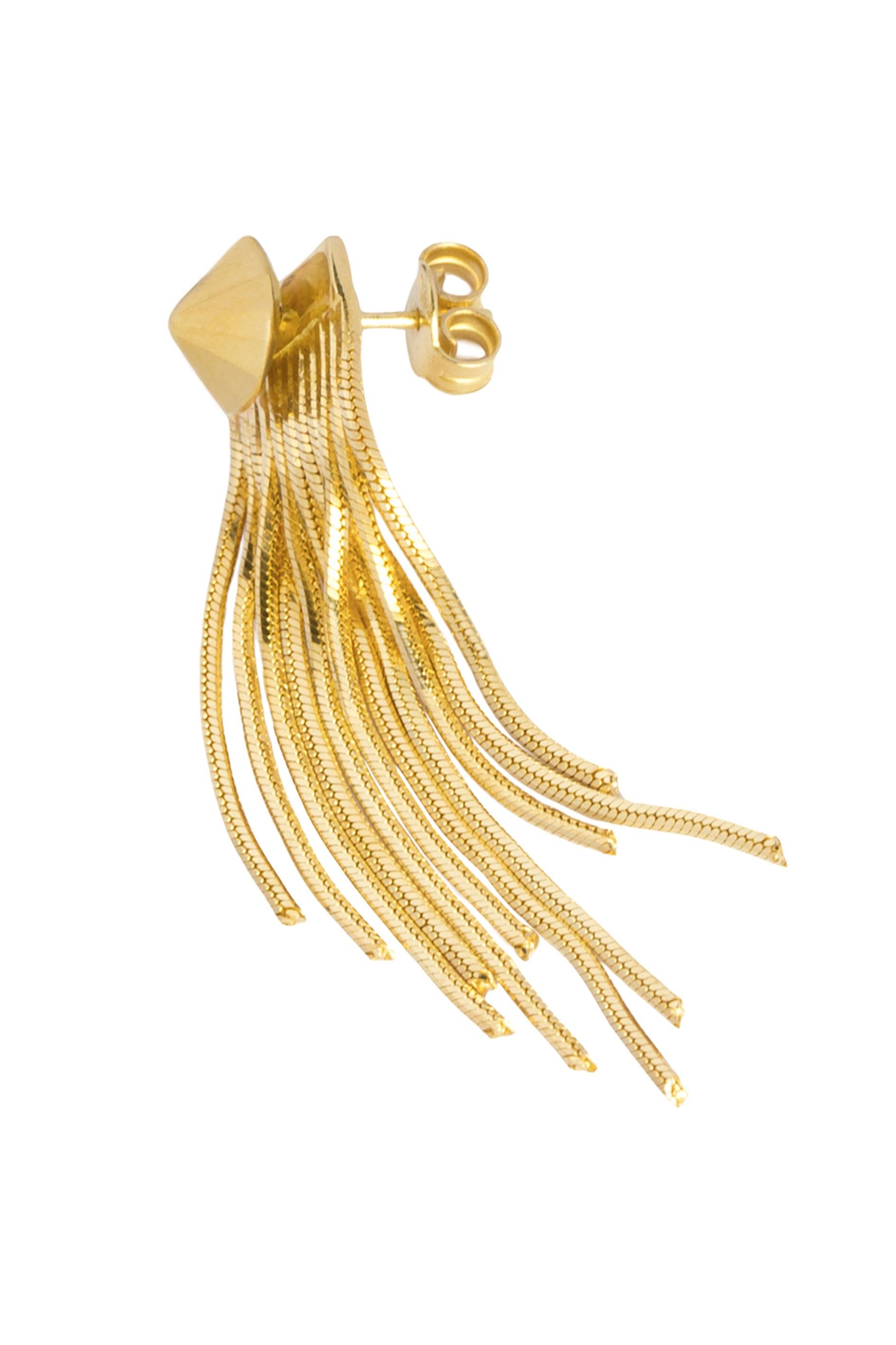 Iosselliani captures both edgy and elegant look with this unique 18 karat gold fringed single earring. The dynamic earring is a combination of 2 pieces into 1: a 18 Karat gold soft fringe made of 11 swinging threads triangularly shaped to add