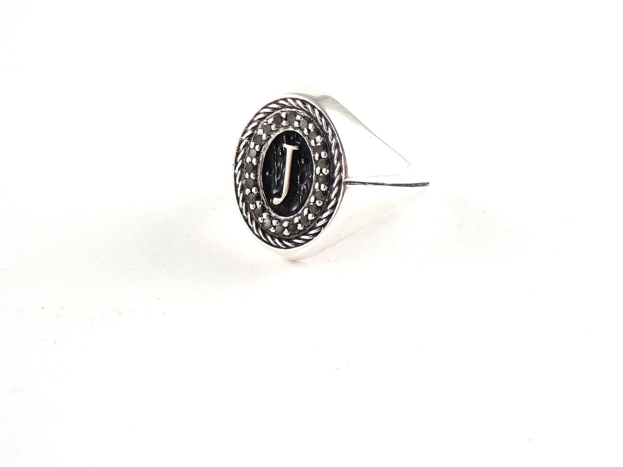 Round Cut Silver ring  with initials and Black Diamond Pavé 