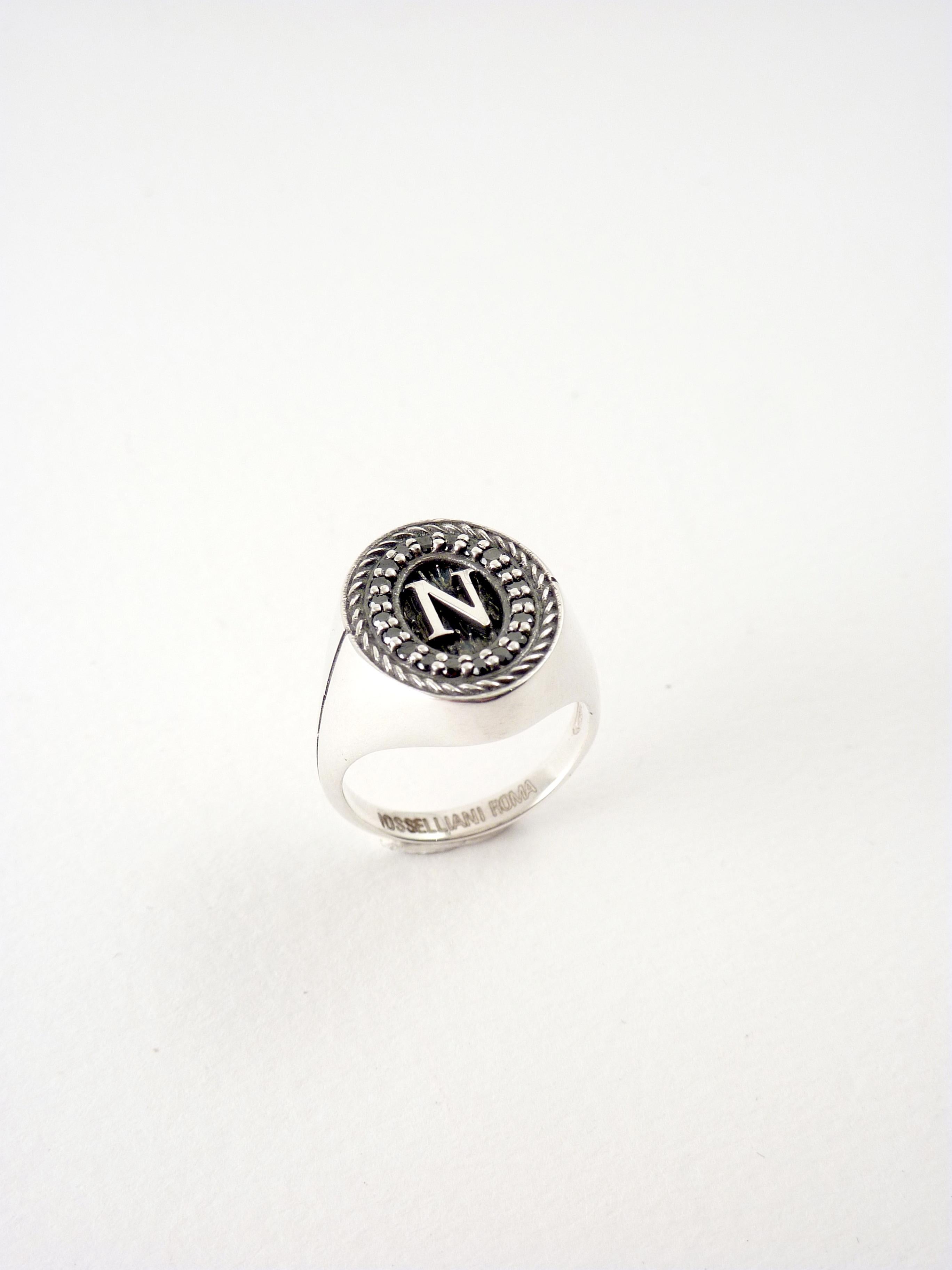 Silver ring  with initials and Black Diamond Pavé 