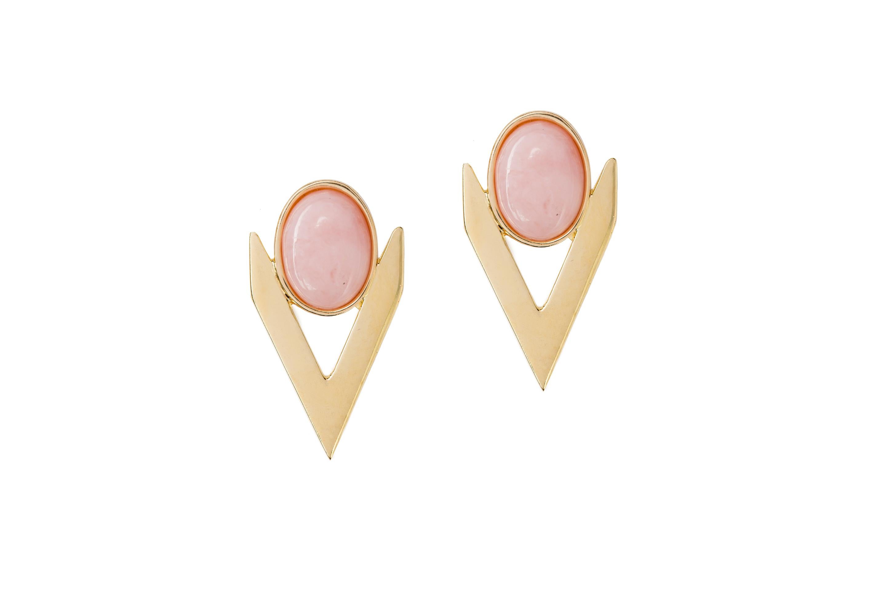 Oval Cut Yellow Gold Pink Opal Cabochon V Earrings from IOSSELLIAN For Sale