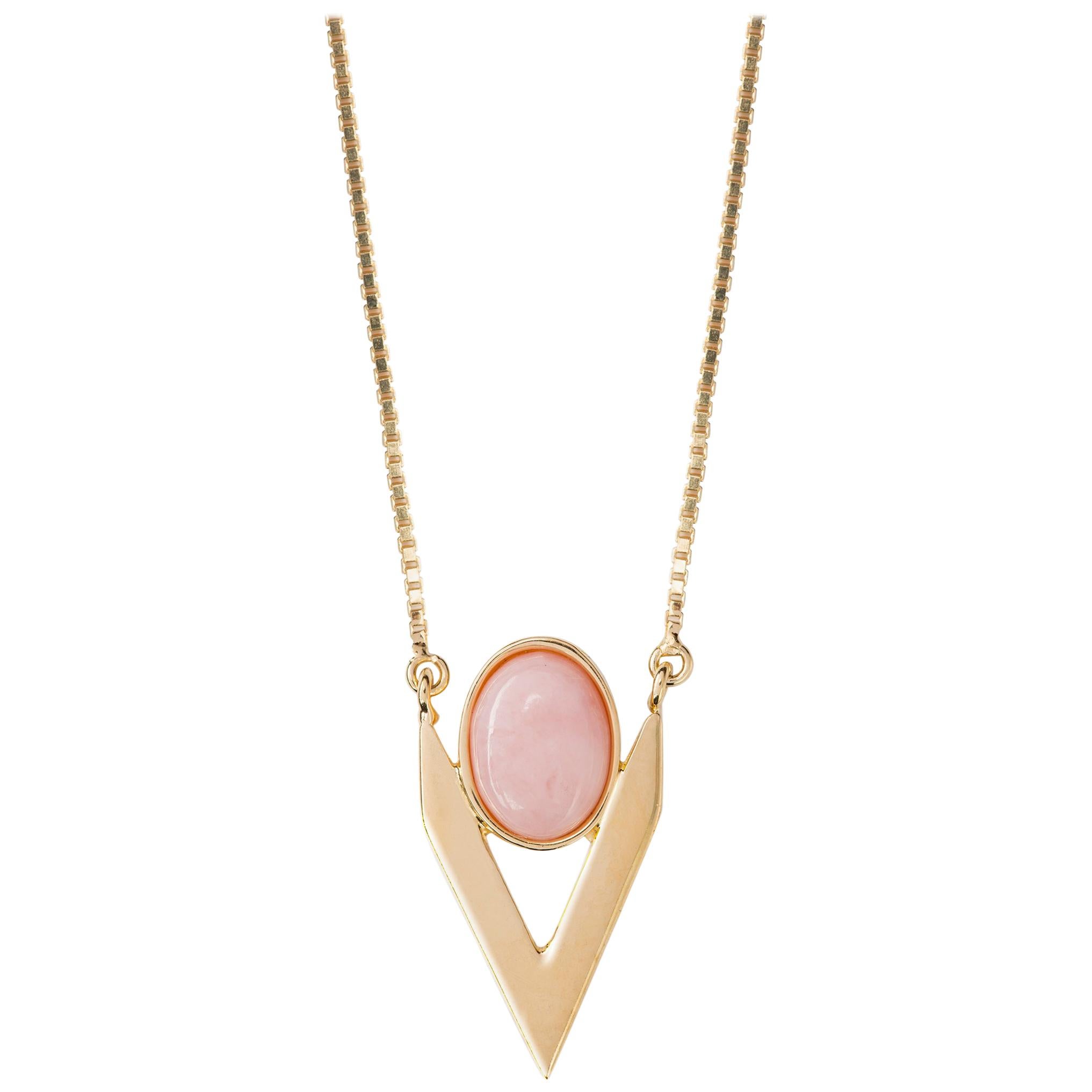 Iosselliani 9 Carat Yellow Gold V Pink Opal Central Cabochon Necklace For Sale