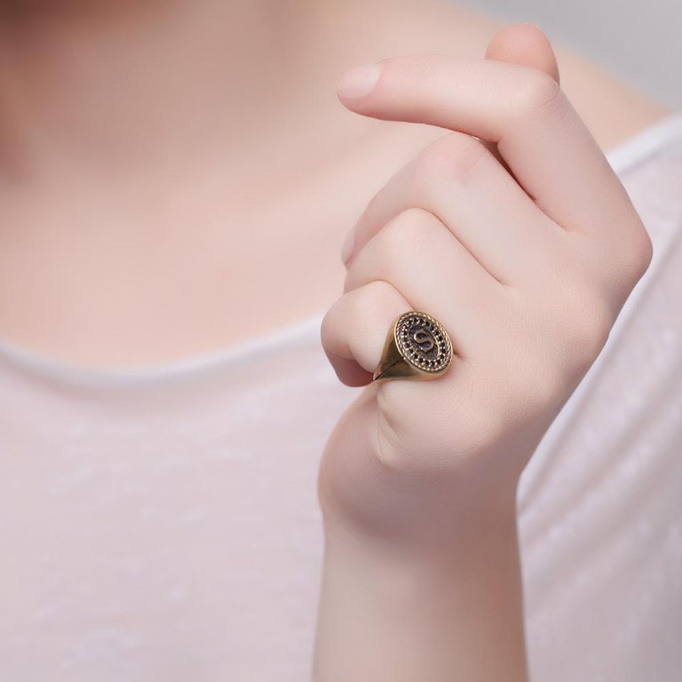 Iosselliani Signet Ring with initial R in Silver with Black Diamond ...