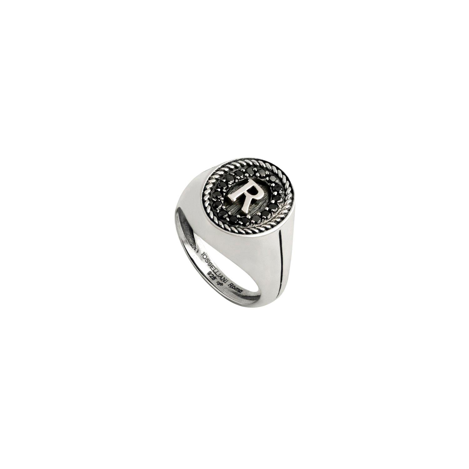 Signet Ring with initial R in Silver with Black Diamond Pavé from Iosselliani  For Sale