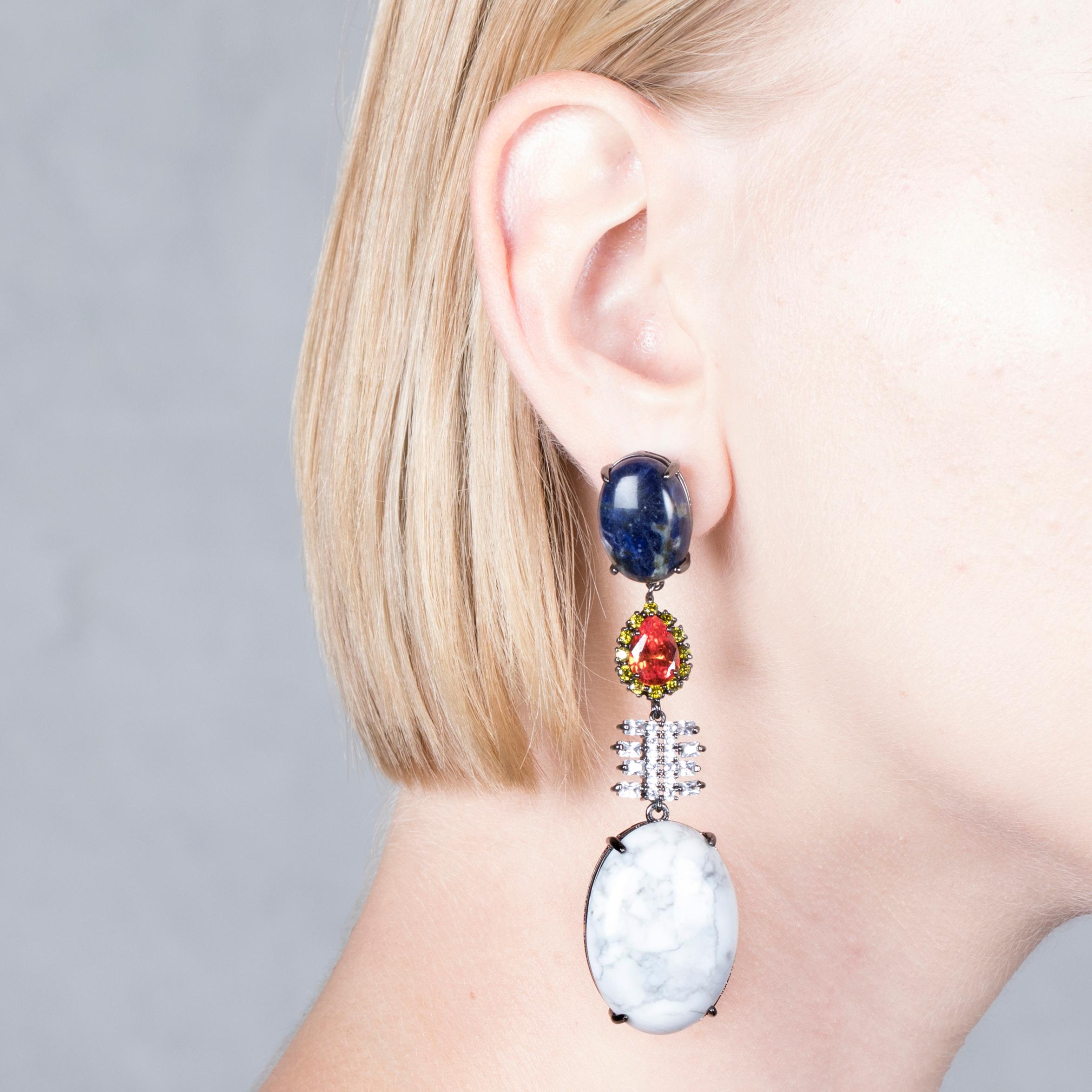 Contemporary Iosselliani White Turquoise and Sodalite Dangling Earring Pair For Sale