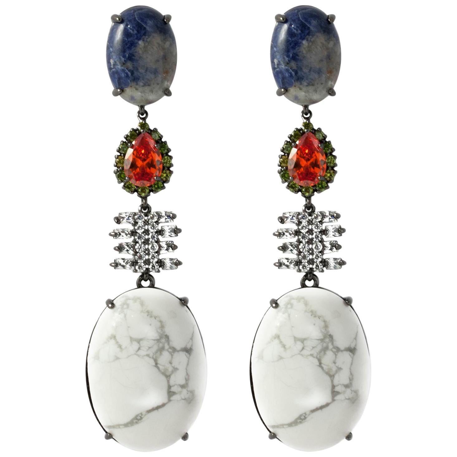 Iosselliani White Turquoise and Sodalite Dangling Earring Pair For Sale