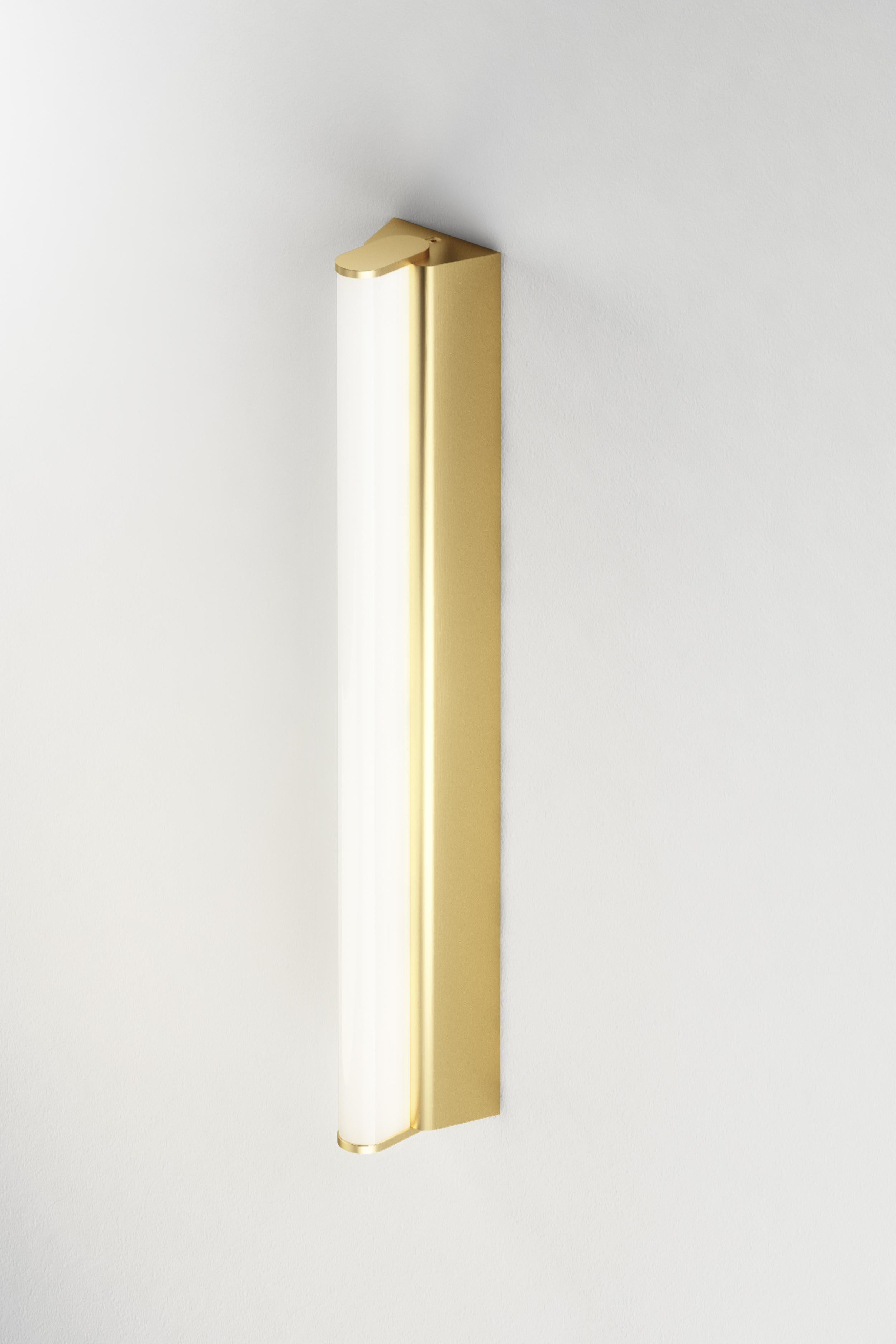 IP metrop 325 satin brass wall light by Emilie Cathelineau
Dimensions: D 32.5 x W 5 X H 4.5 cm
Materials: solid brass, satin brass, LED, polycarbonate.
Others finishes and dimensions are available. 

All our lamps can be wired according to each