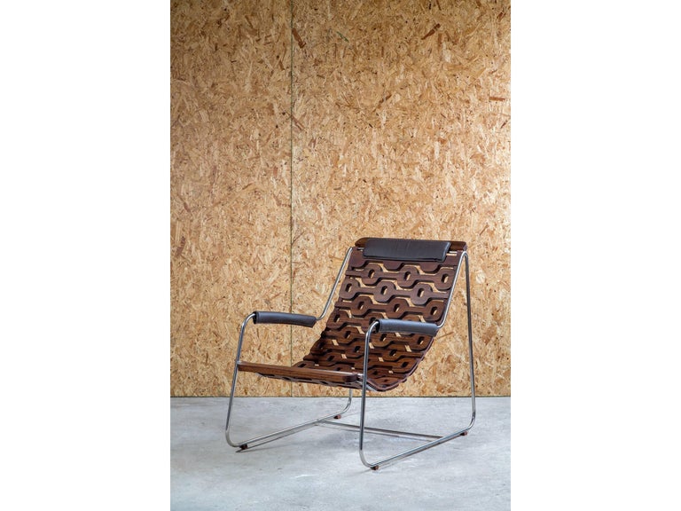 Ipanema Brazilian Contemporary Wood, Metal and Leather Armchair by