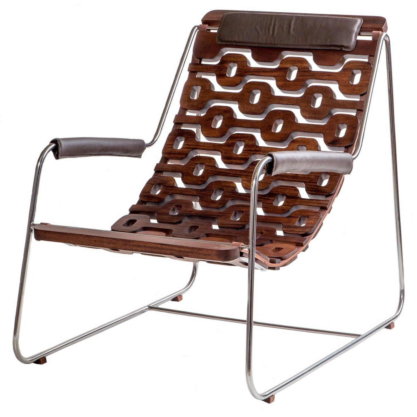 Ipanema Brazilian Contemporary Wood, Metal and Leather Armchair by Lattoog