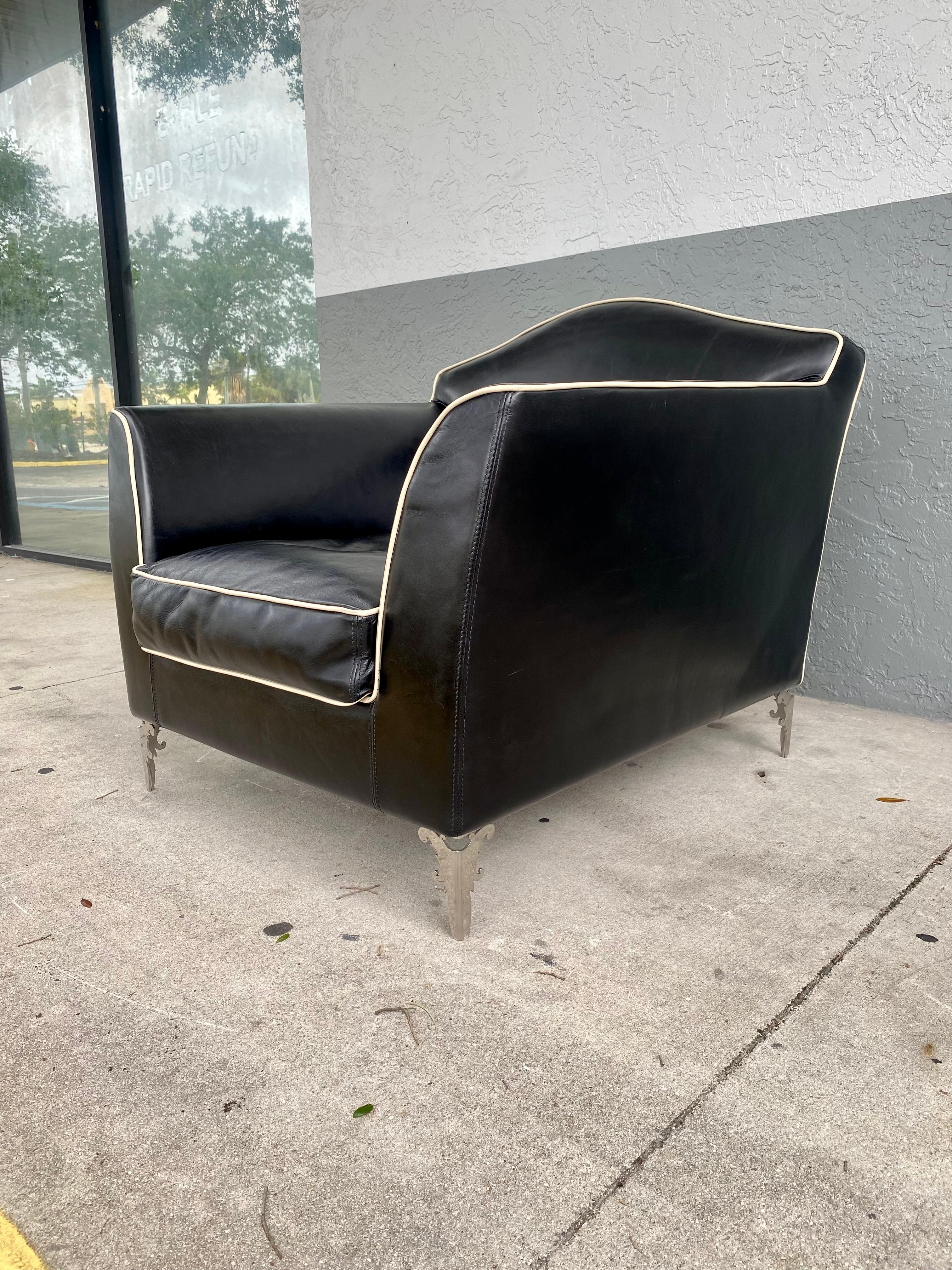 Italian IPE Cavalli Black Calkskin Leather Chrome Chair For Sale