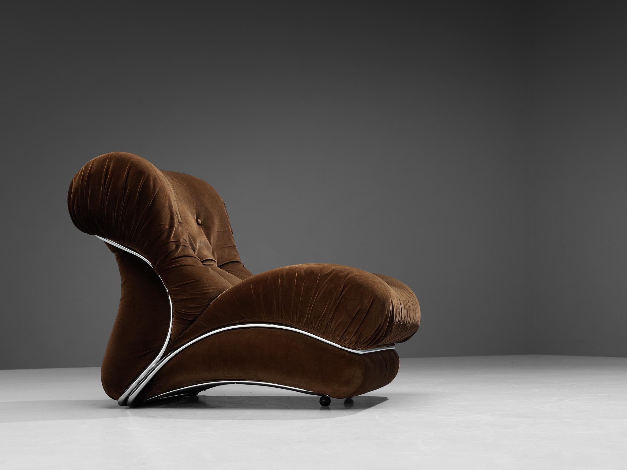 Italian I.P.E. 'Corolla' Lounge Chair in Brown Velvet 
