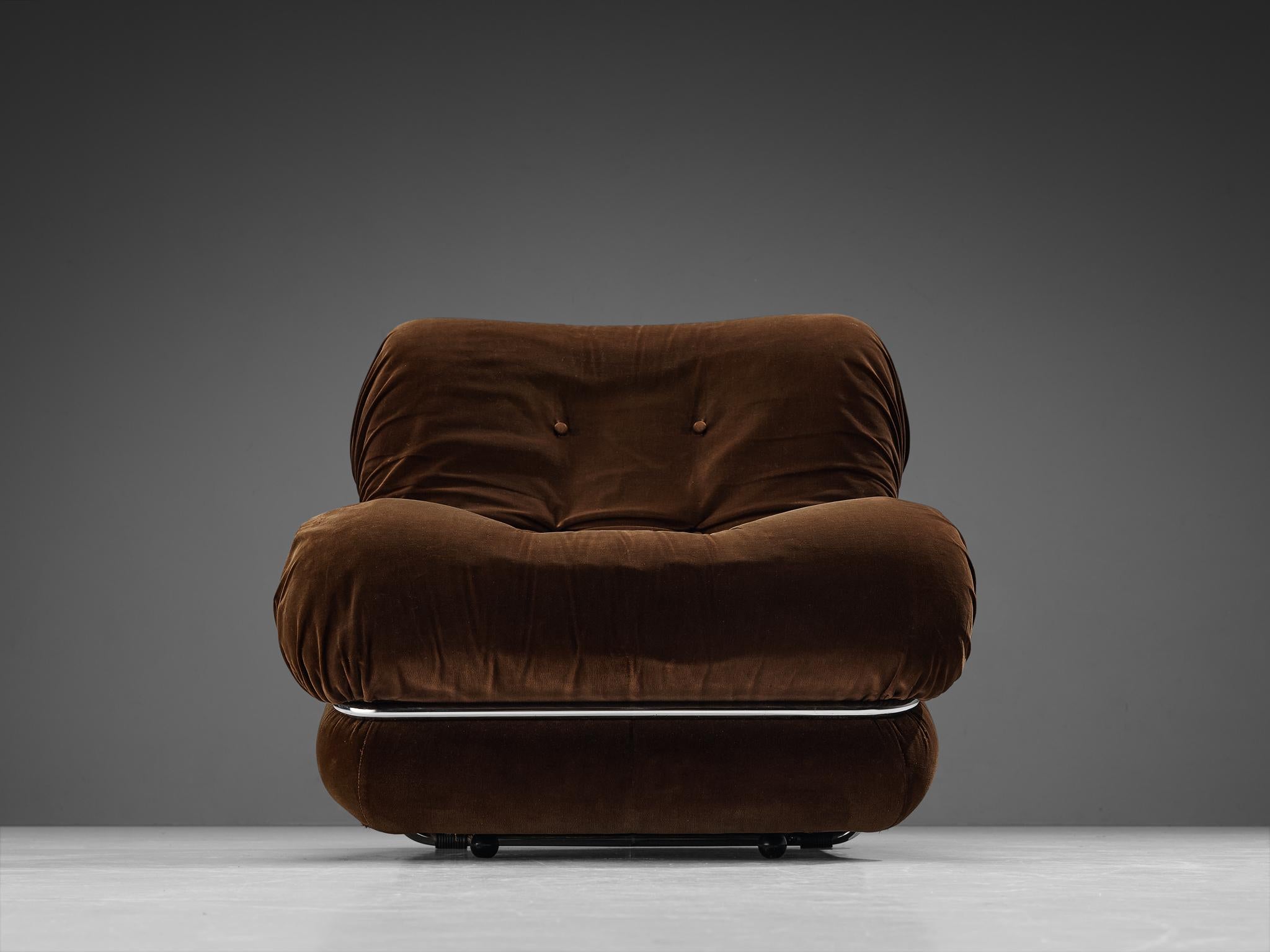 Metal I.P.E. 'Corolla' Lounge Chair in Brown Velvet  For Sale