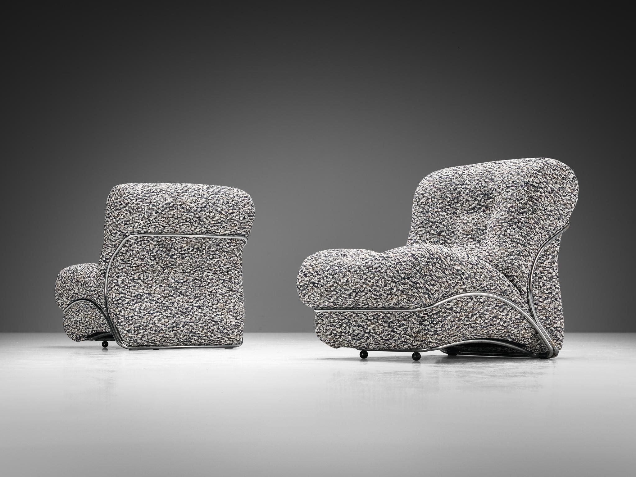 Metal I.P.E. Pair of 'Corolla' Lounge Chairs in Patterned Upholstery  For Sale