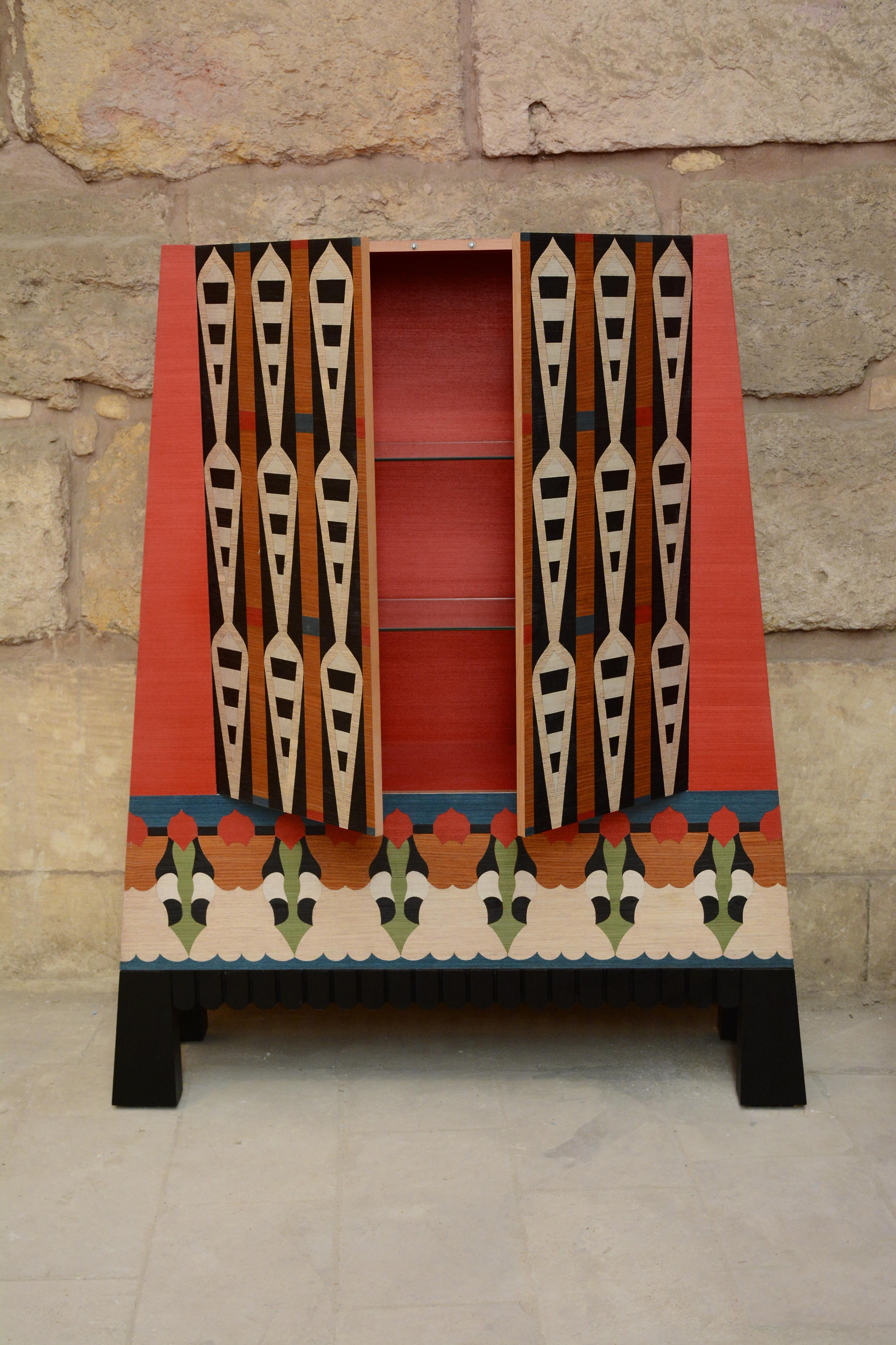 Wood IPET- Pattern Multicolor Veneers Cabinet For Sale