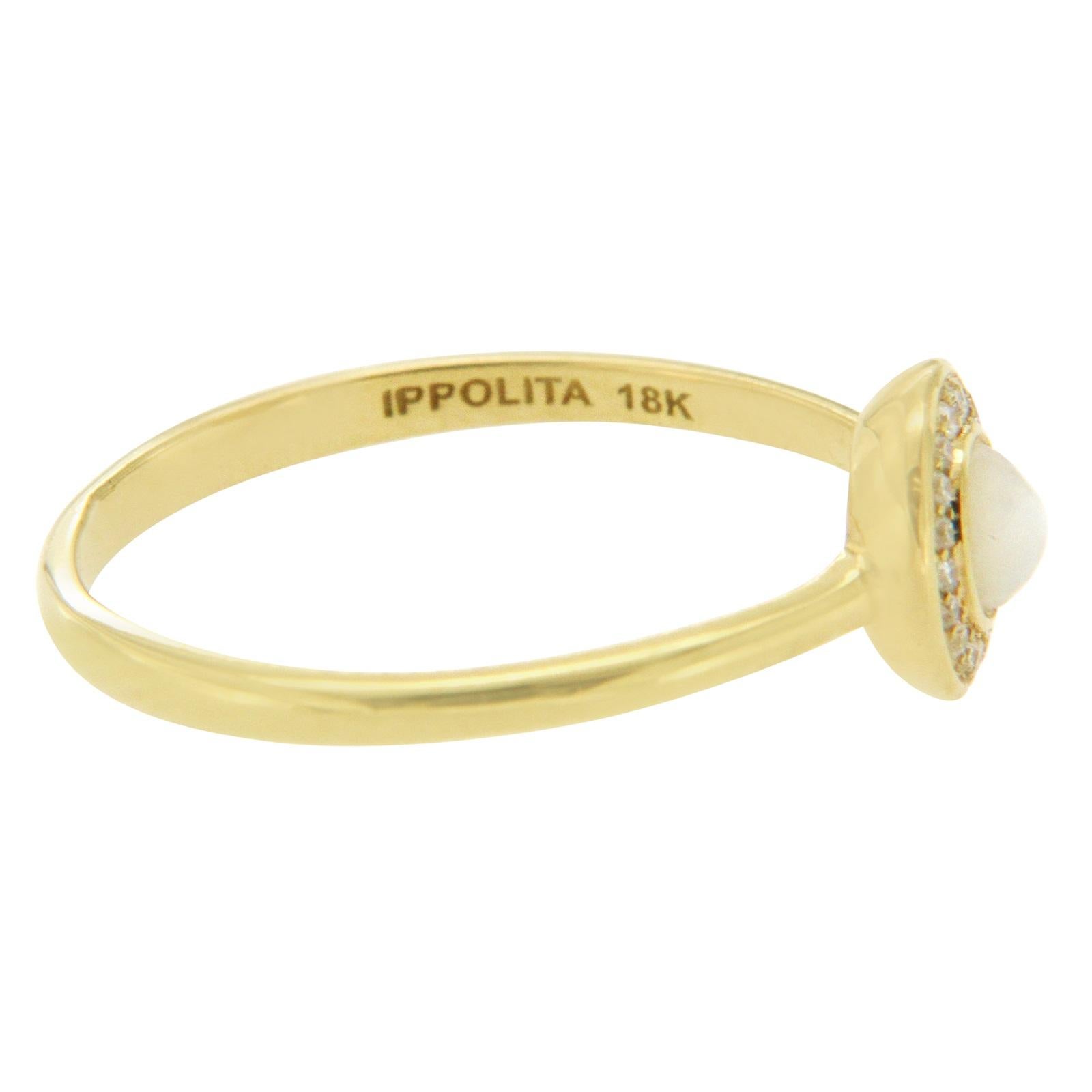 Type: Ring
Top: 7 mm
Band Width: 1.7 mm
Metal: Yellow Gold
Metal Purity: 18K.
Hallmarks: Ippolita 18K
Total Weight: 2.2 Grams
Stone Type: Diamonds & Mother of Pearl
Condition: New
Stock Number: U511
Retail Price:$895
