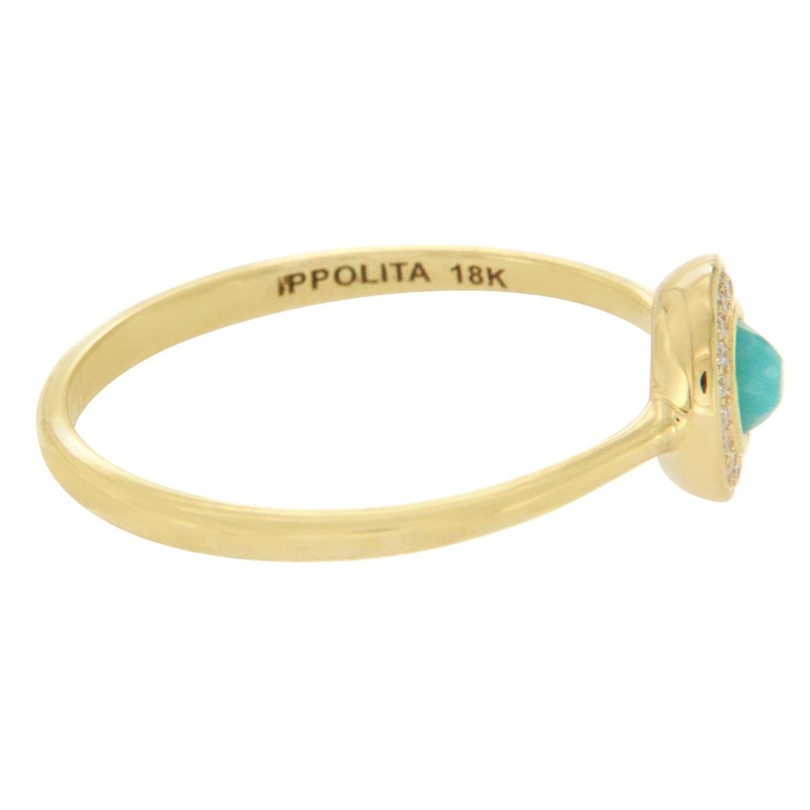 Type: Ring
Top: 7 mm
Band Width: 1.7 mm
Metal: Yellow Gold
Metal Purity: 18K
Retail Price:$895
Hallmarks: Ippolita 18K
Total Weight: 2.2 Grams
Stone Type: Diamonds and Turquoise
Condition: New
Stock Number: U515