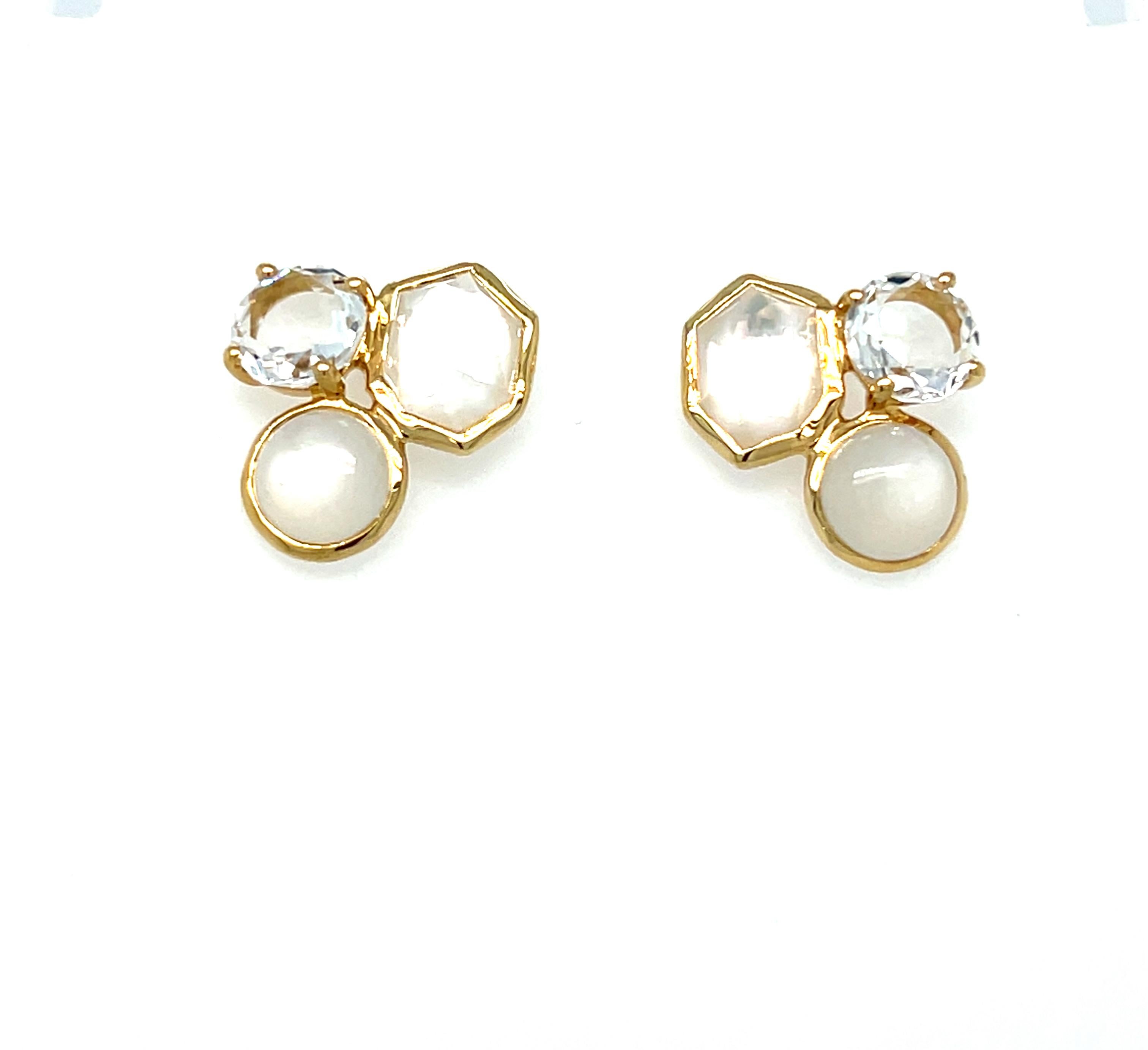 Ippolita's indulgent 18k Gold Rock Candy Gelato 3-Stone Stud Earrings. Adorned with solid clear quartz, clear quartz laid over mother-of-pearl, and moonstone, each stone is carefully handpicked to radiate luxury and enhance your natural beauty. Make