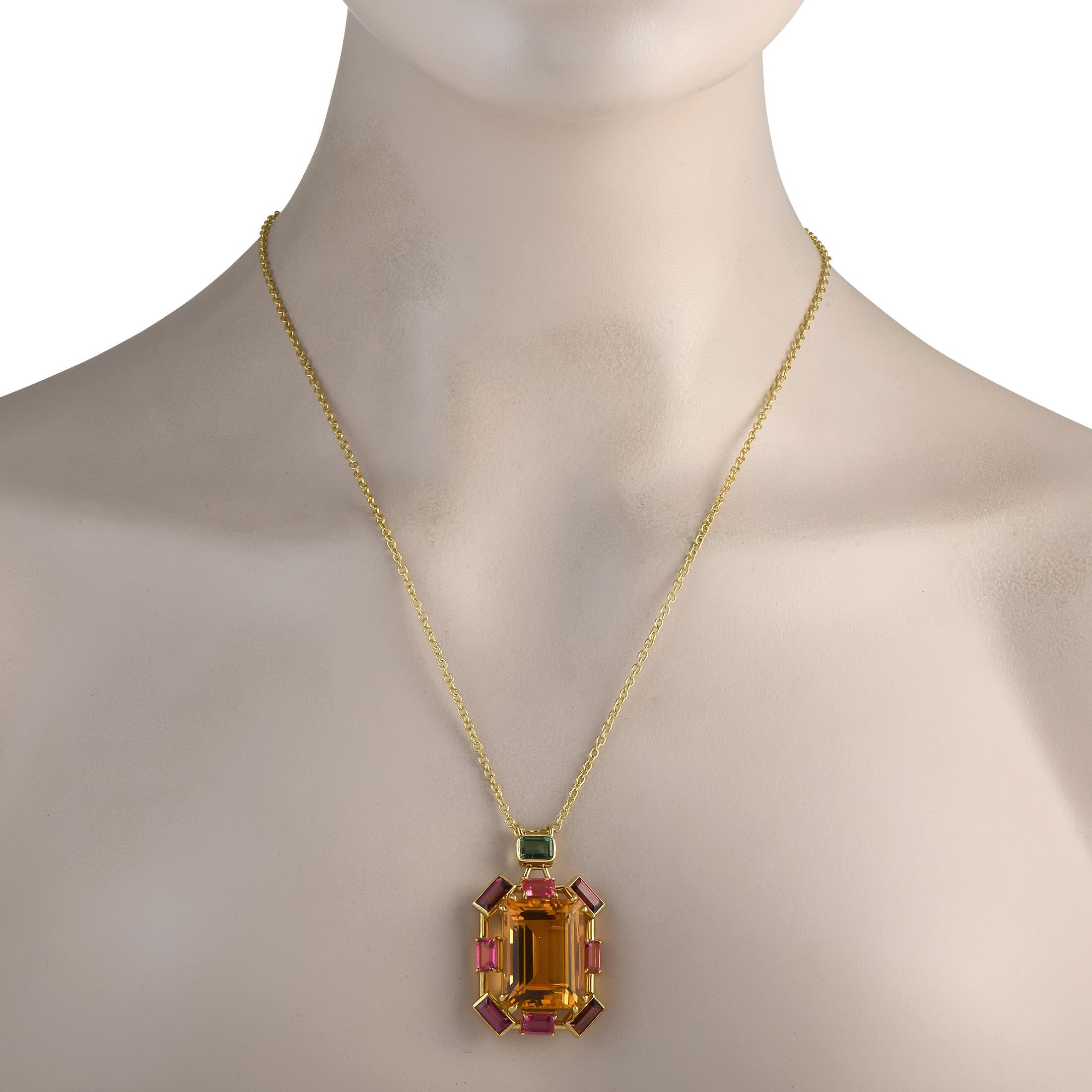 Add a luxurious pop of color to any ensemble with this Ippolita necklace. The vibrant 18K Yellow Gold pendant beautifully showcases a stunning combination of Citrine and Tourmaline gemstones. The pendant measures 1.63 long by 1.0 wide and is
