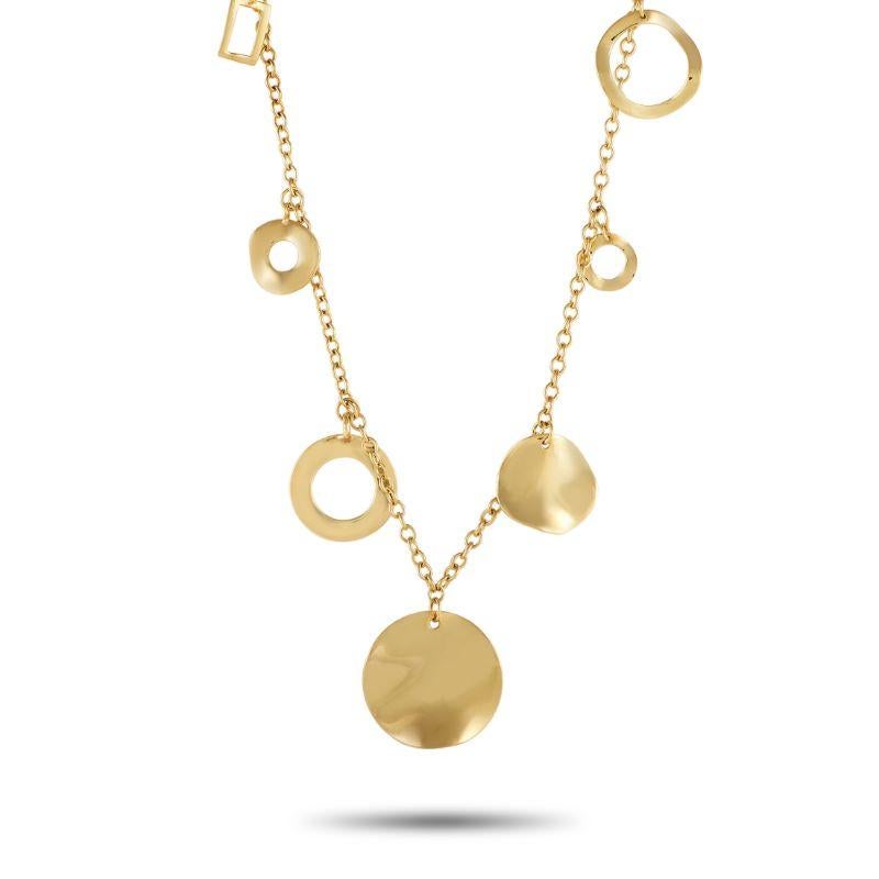 On this striking Ippolita necklace, a series of dynamic circular pendants add movement and drama to a simple 32” chain. This piece is crafted from 18K Yellow Gold and features a 1” round pendant located at the center of the design. 
 
 This