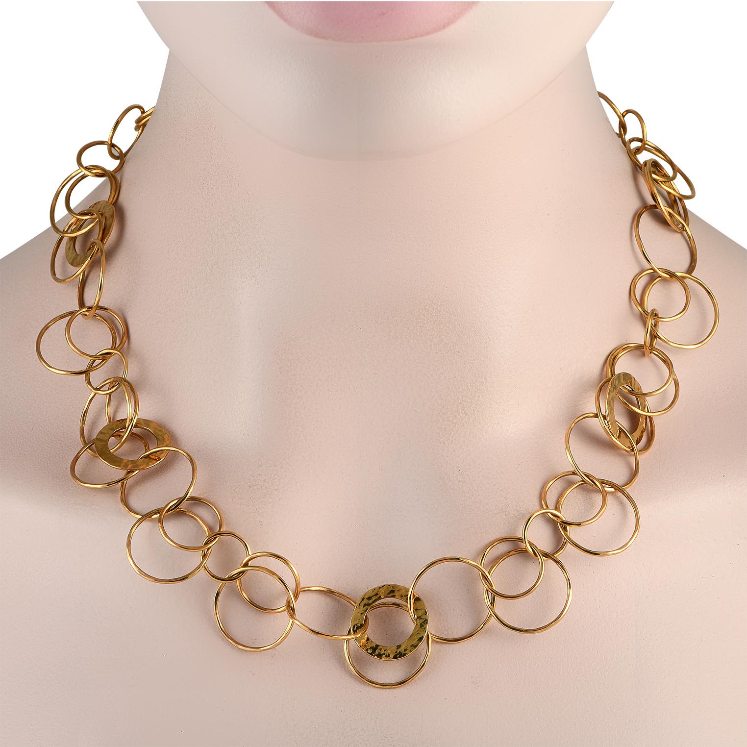 A series of 18K Yellow Gold links combine to create this Ippolita necklace. Incredibly bold, necklace measures 20 long and comes complete with secure lobster clasp closure. This piece is offered in estate condition and includes a gift box.