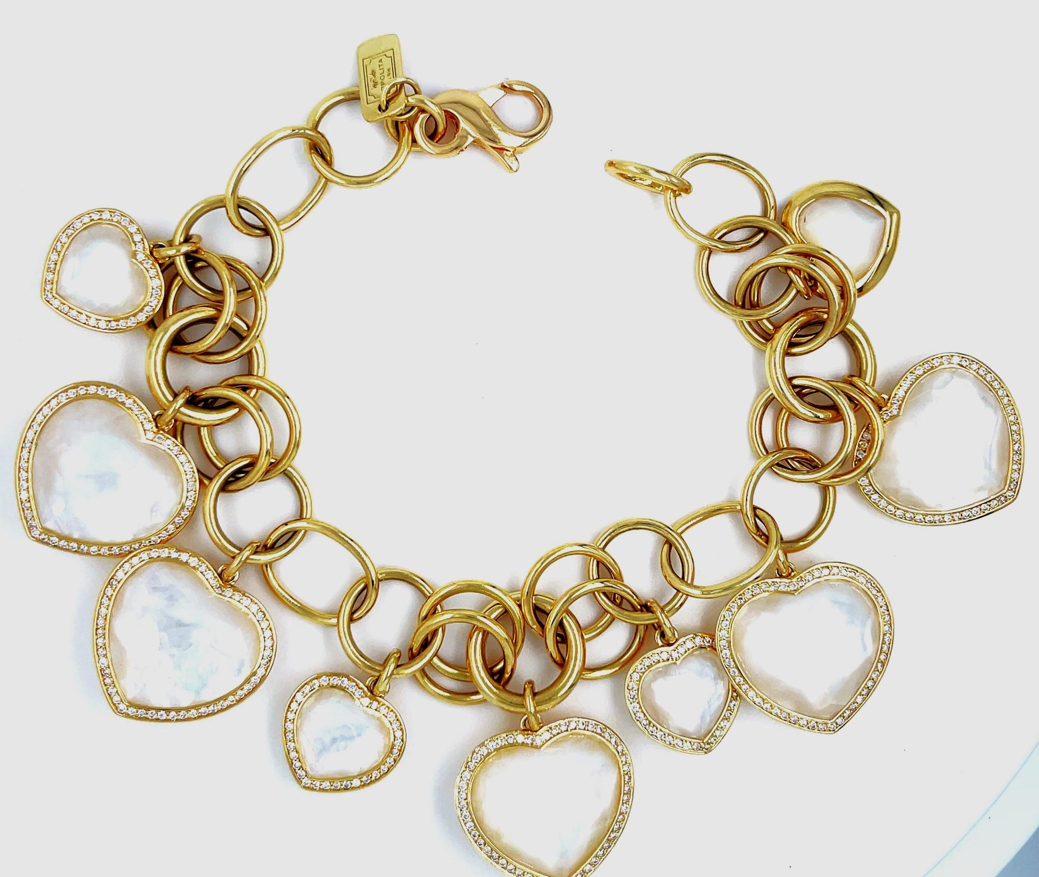 Modern Ippolita 18k Yellow Gold Lollipop Mother-of-Pearl Heart Diamond Charm Bracelet For Sale