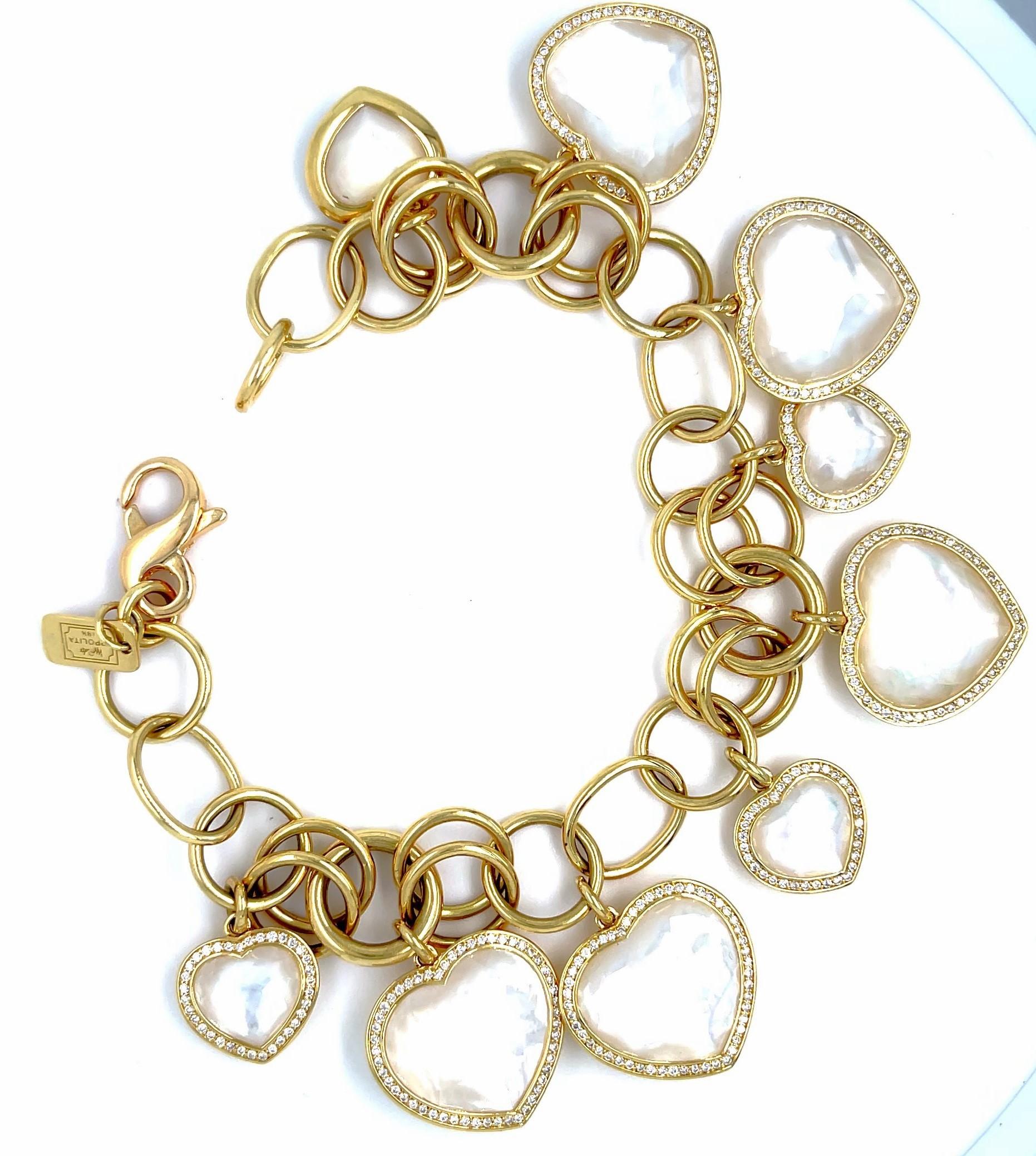 Round Cut Ippolita 18k Yellow Gold Lollipop Mother-of-Pearl Heart Diamond Charm Bracelet For Sale