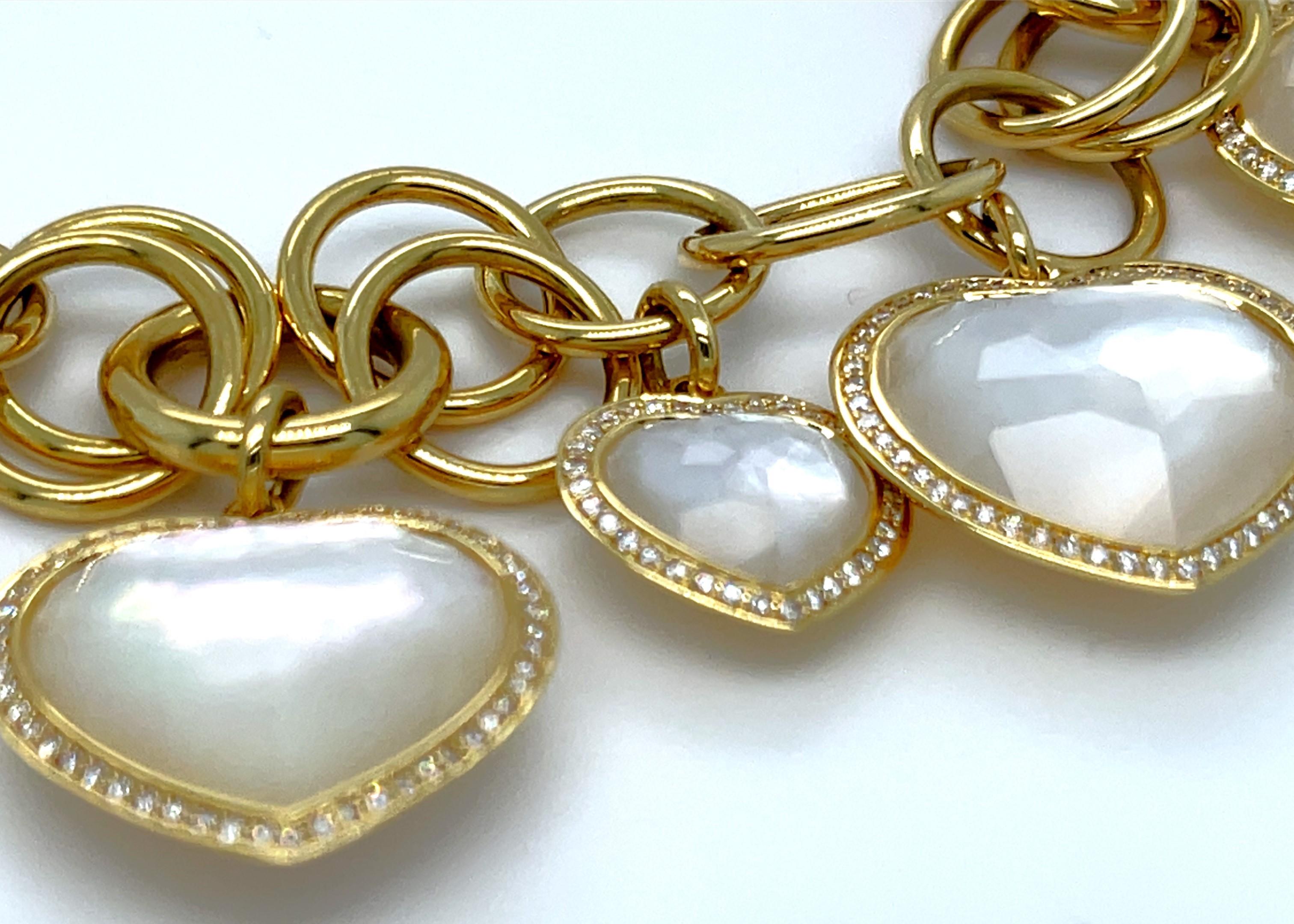 Ippolita 18k Yellow Gold Lollipop Mother-of-Pearl Heart Diamond Charm Bracelet In Good Condition For Sale In Sherman Oaks, CA